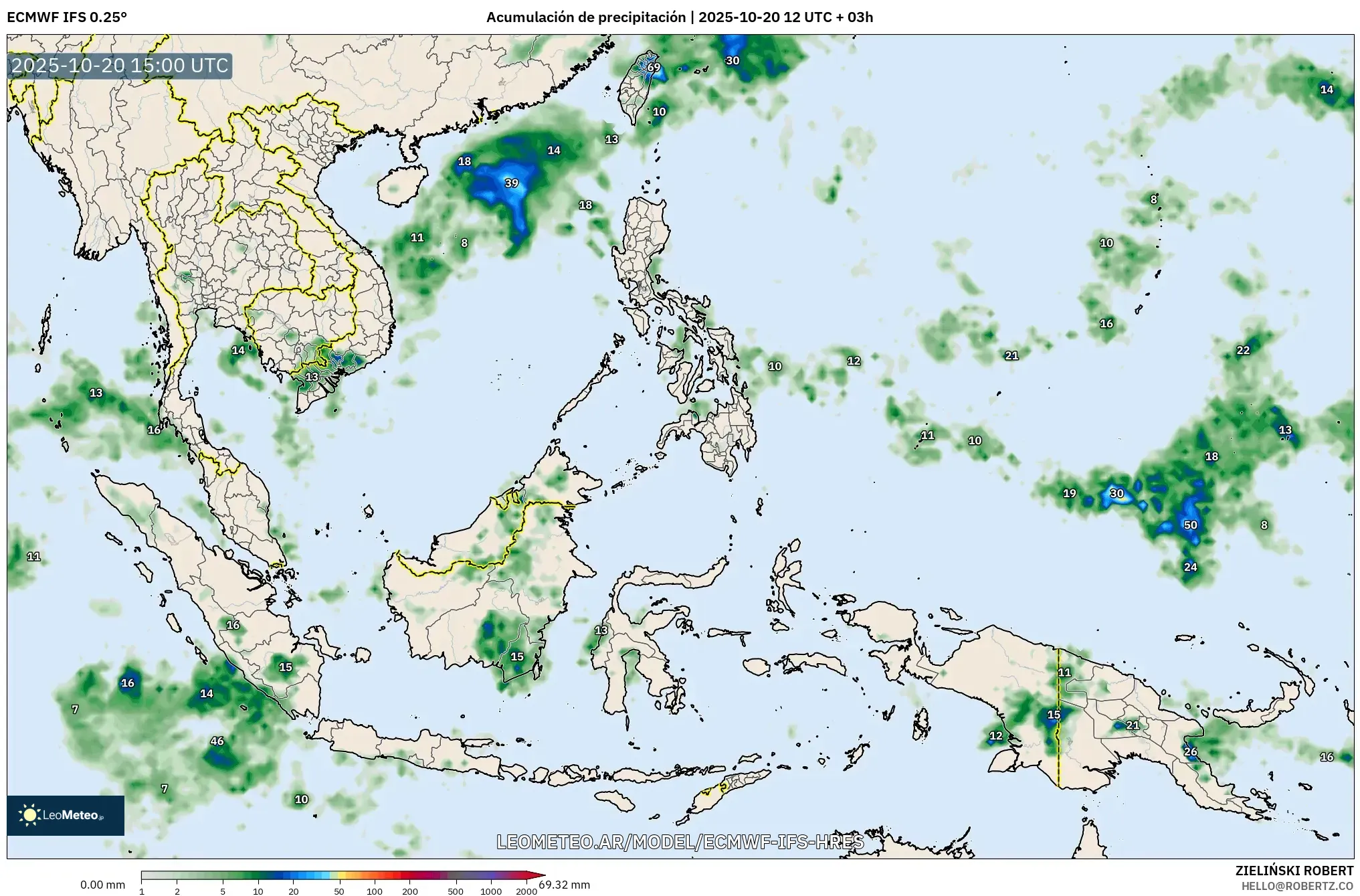 ECMWF IFS 0.25° model - Sudeste Asiático, Acumulación de precipitación ECMWF IFS 0.25° model - Sudeste Asiático, Acumulación de precipitación