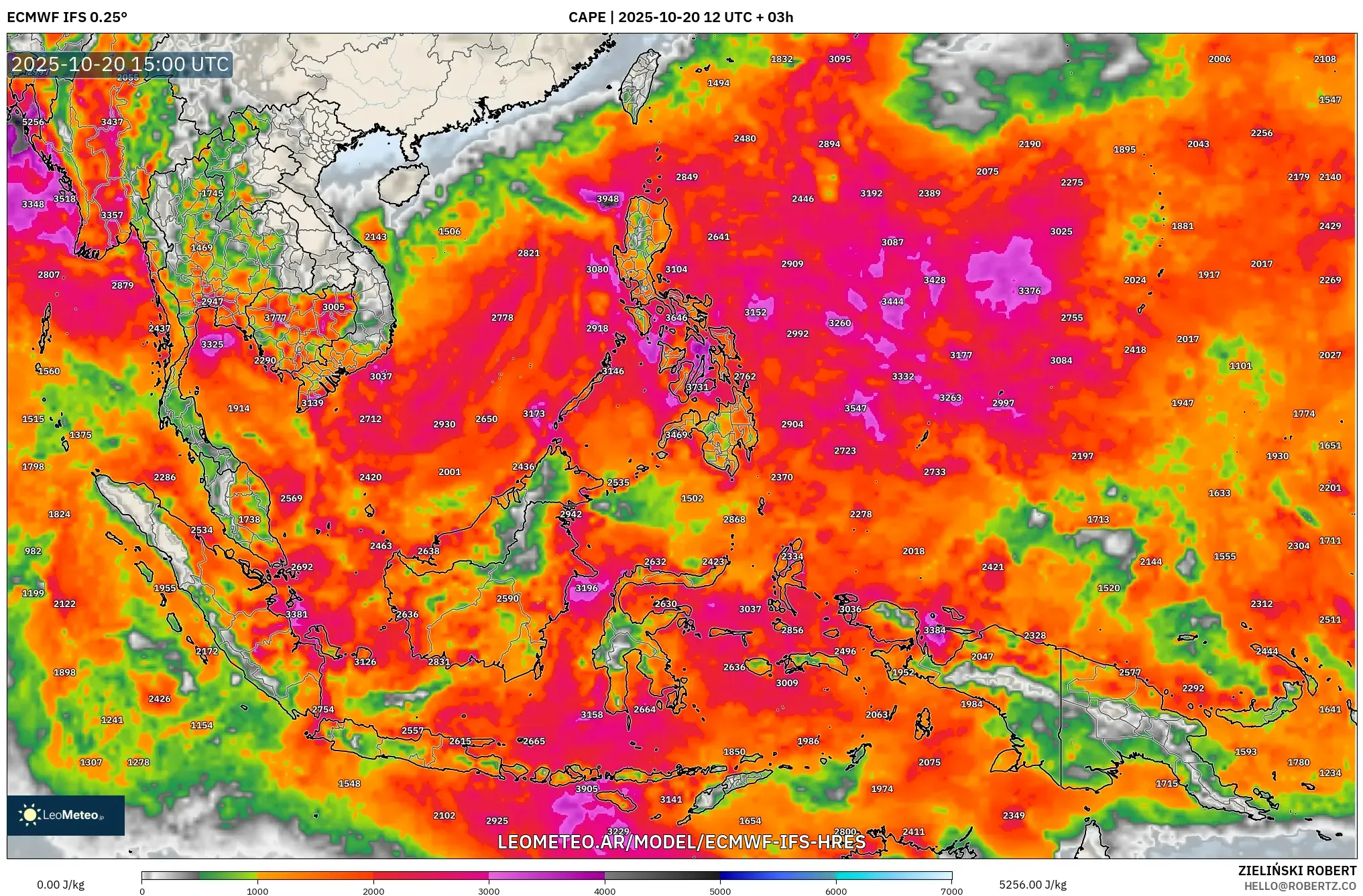 ECMWF IFS 0.25° model - Sudeste Asiático, CAPE ECMWF IFS 0.25° model - Sudeste Asiático, CAPE