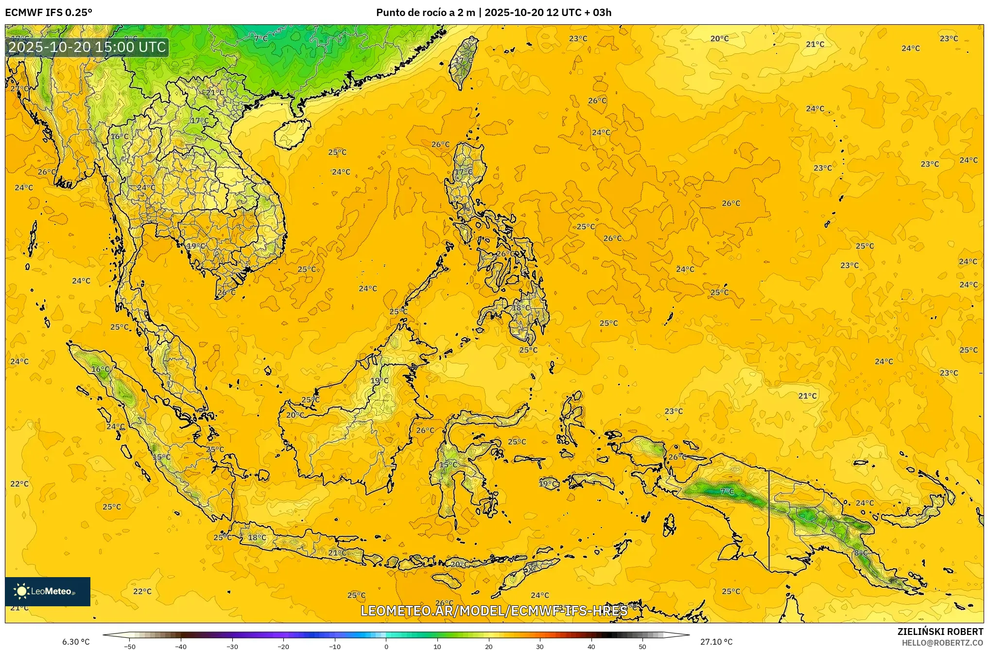 ECMWF IFS 0.25° model - Sudeste Asiático, Punto de rocío a 2 m ECMWF IFS 0.25° model - Sudeste Asiático, Punto de rocío a 2 m