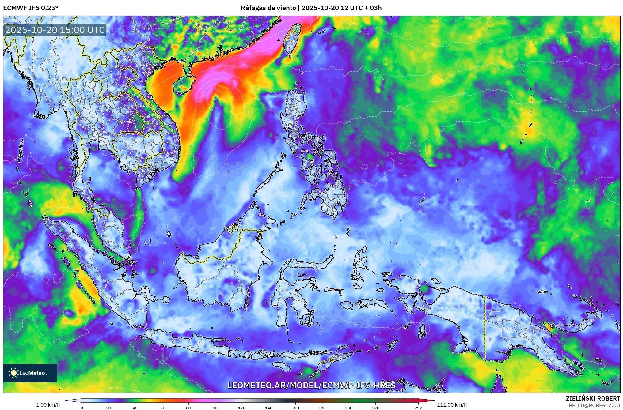 ECMWF IFS 0.25° model - Sudeste Asiático, Ráfagas de viento ECMWF IFS 0.25° model - Sudeste Asiático, Ráfagas de viento