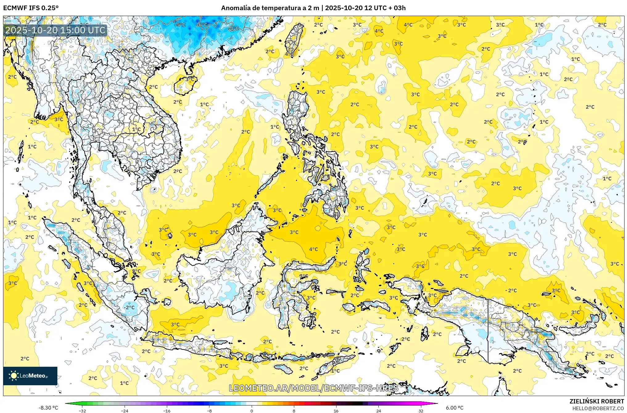 ECMWF IFS 0.25° model - Sudeste Asiático, Anomalía de temperatura a 2 m