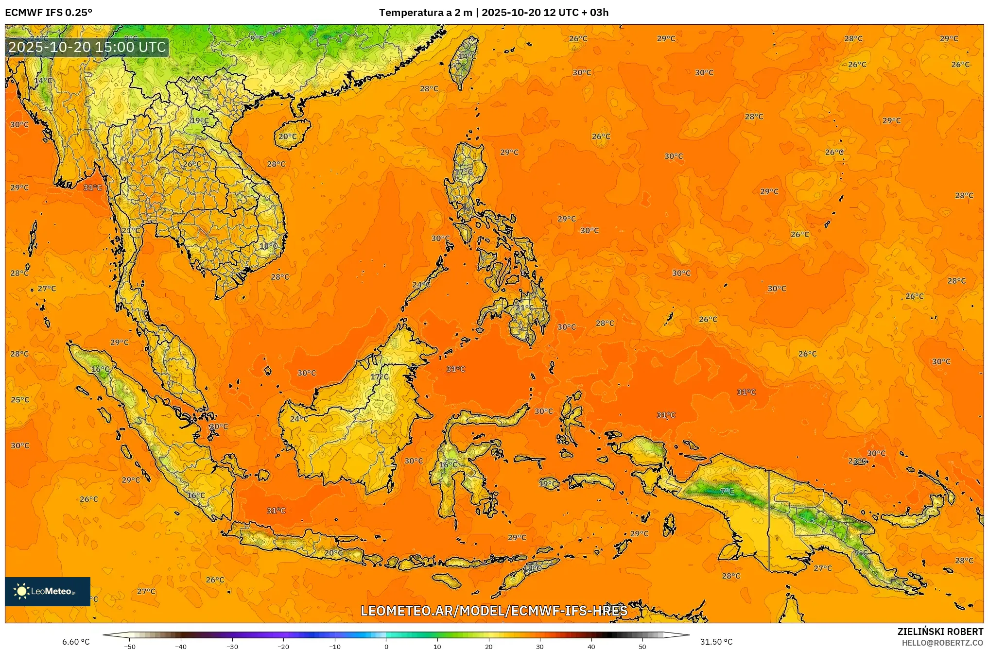 ECMWF IFS 0.25° model - Sudeste Asiático, Temperatura a 2 m