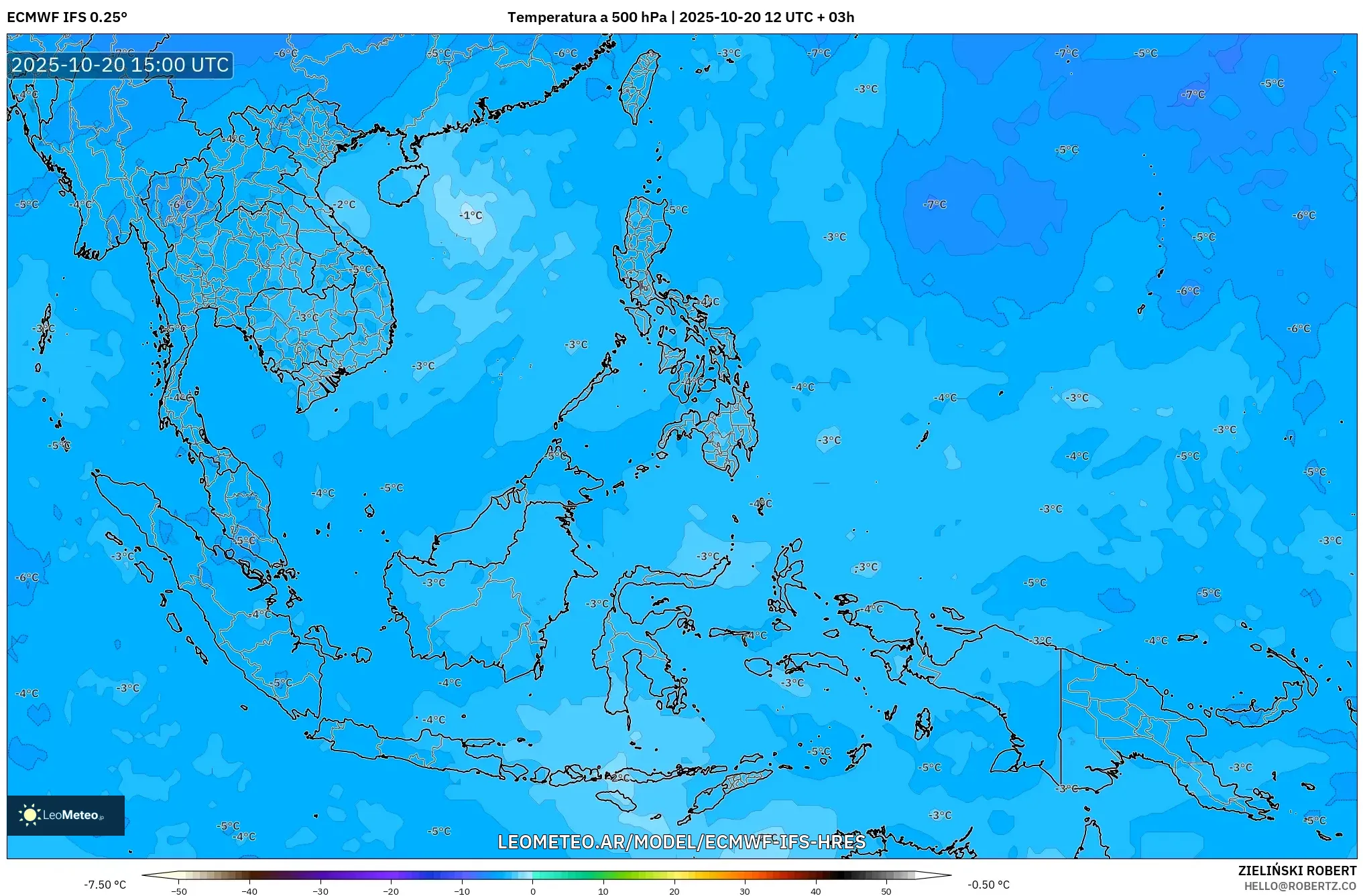 ECMWF IFS 0.25° model - Sudeste Asiático, Temperatura a 500 hPa ECMWF IFS 0.25° model - Sudeste Asiático, Temperatura a 500 hPa