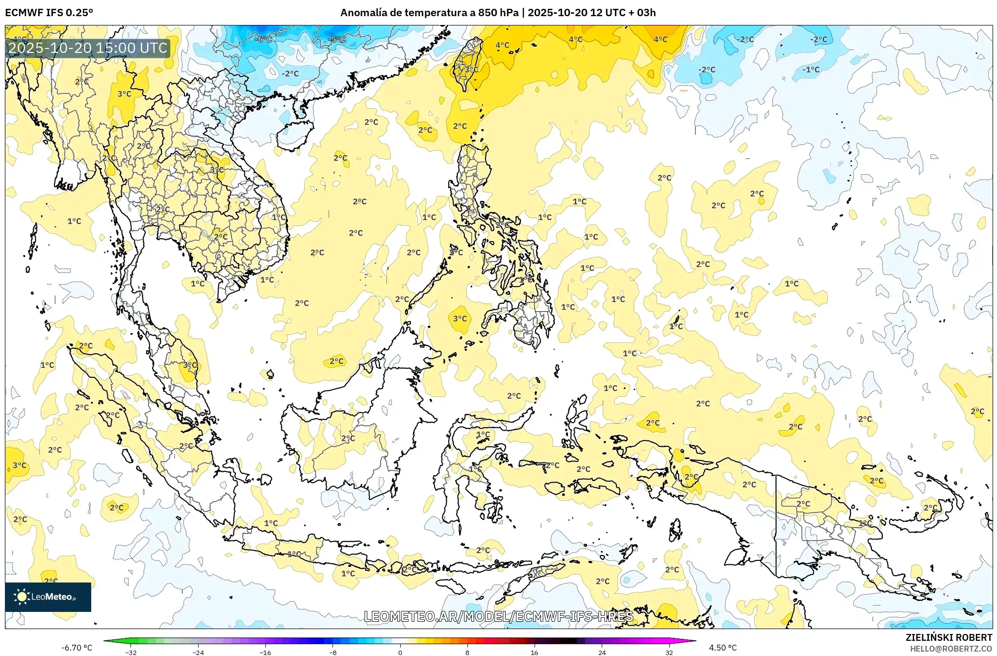 ECMWF IFS 0.25° model - Sudeste Asiático, Anomalía de temperatura a 850 hPa ECMWF IFS 0.25° model - Sudeste Asiático, Anomalía de temperatura a 850 hPa