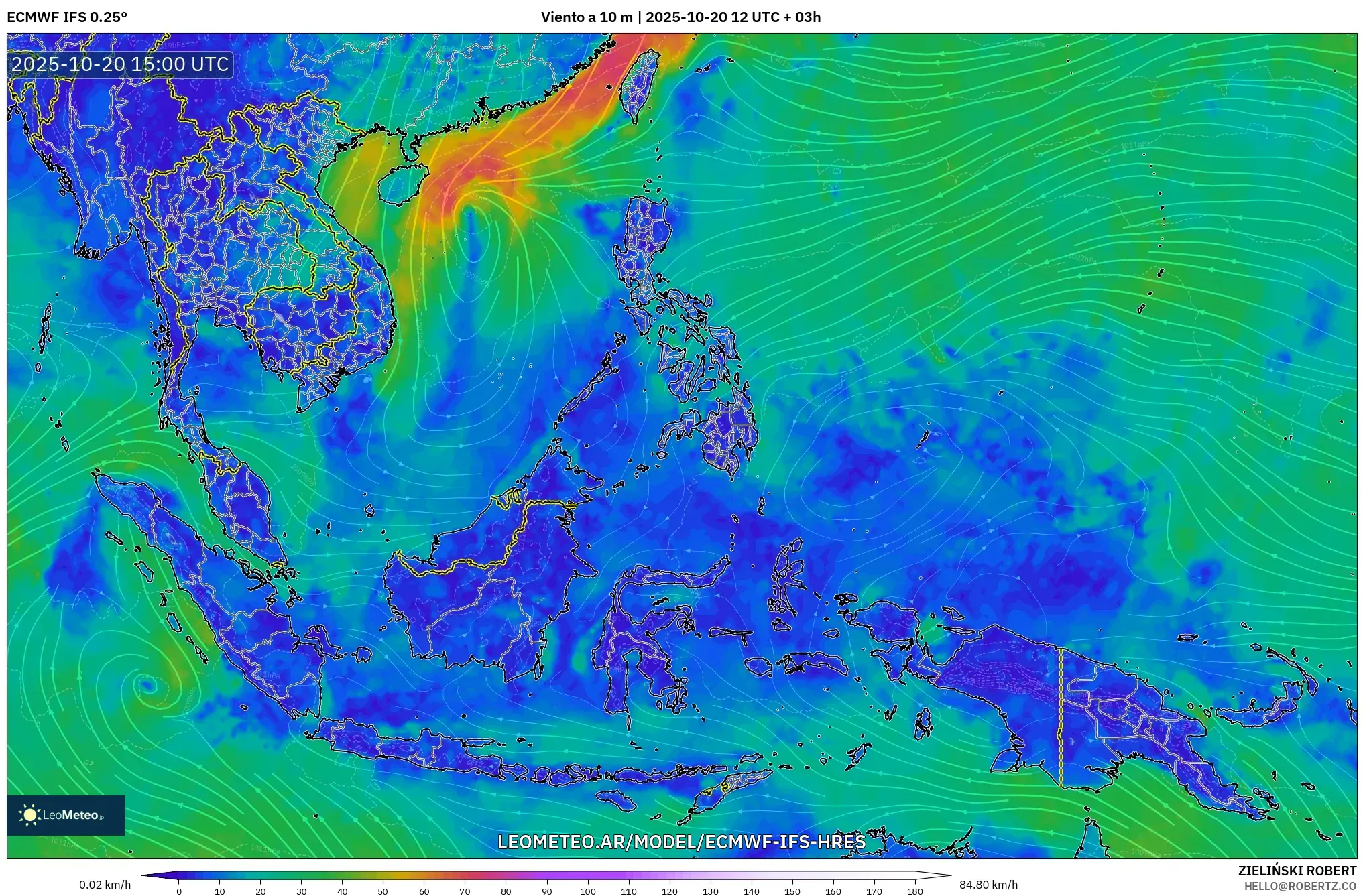 ECMWF IFS 0.25° model - Sudeste Asiático, Viento a 10 m ECMWF IFS 0.25° model - Sudeste Asiático, Viento a 10 m