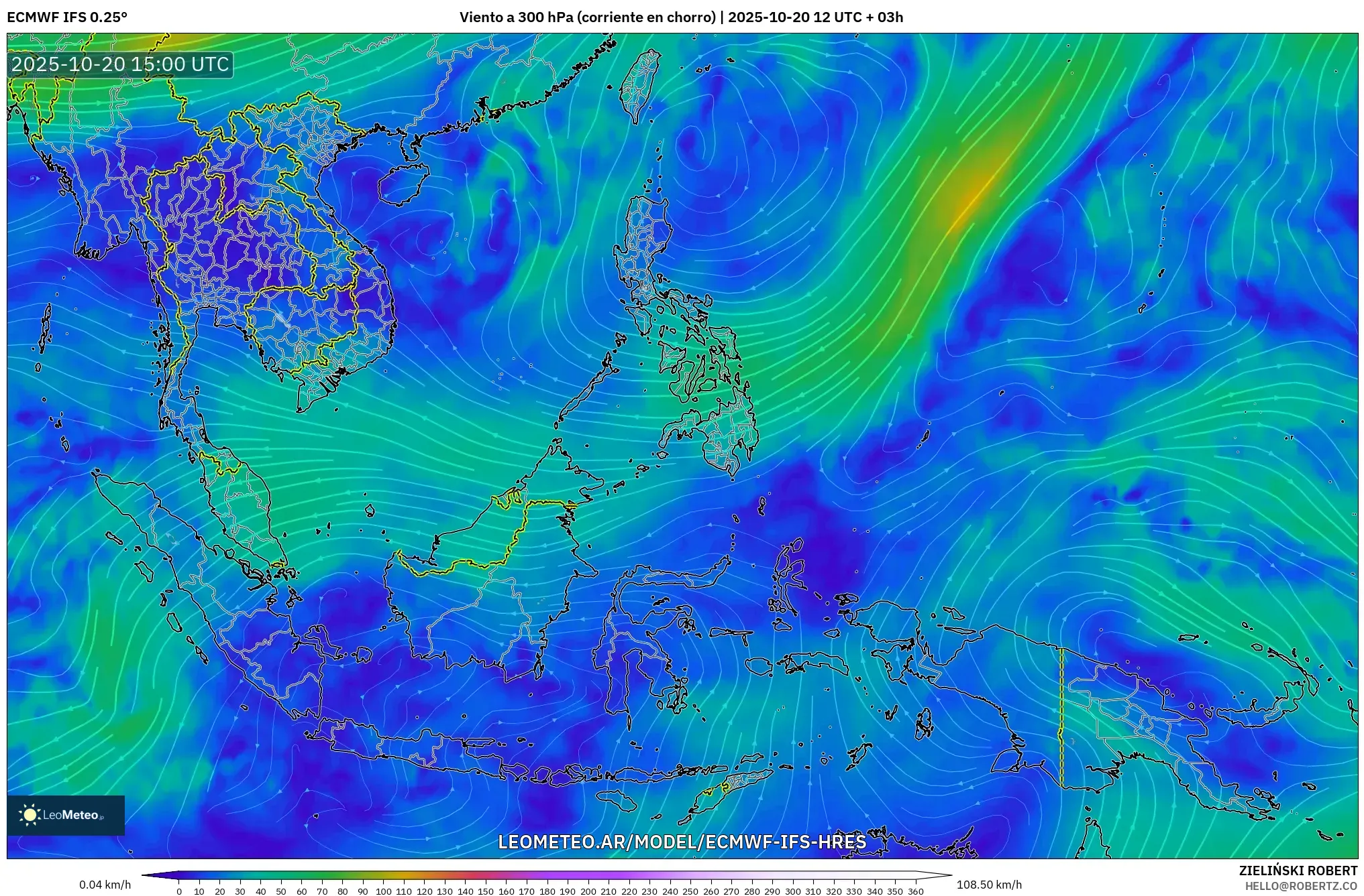 ECMWF IFS 0.25° model - Sudeste Asiático, Viento a 300 hPa (corriente en chorro) ECMWF IFS 0.25° model - Sudeste Asiático, Viento a 300 hPa (corriente en chorro)