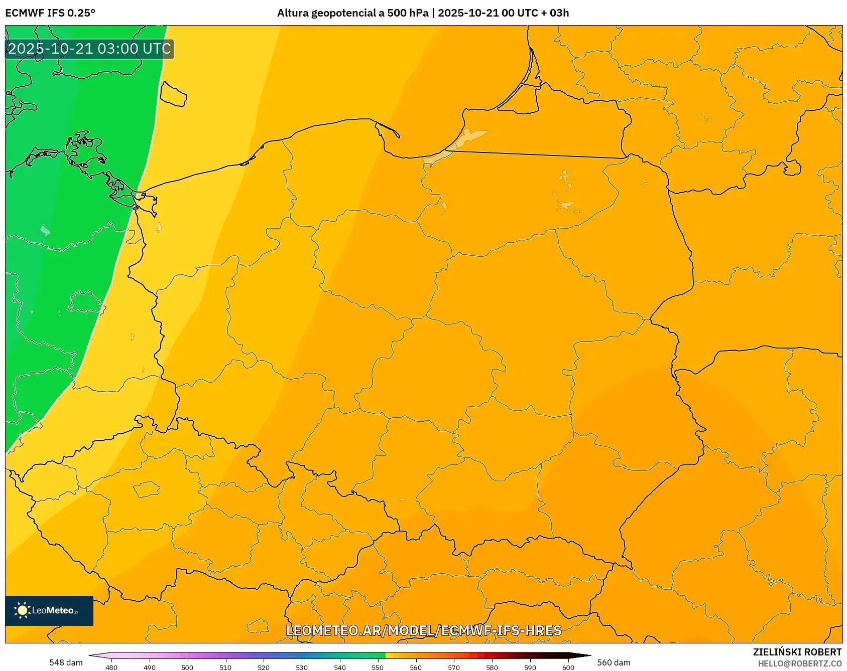 ECMWF IFS 0.25° model - Polonia, Altura geopotencial a 500 hPa ECMWF IFS 0.25° model - Polonia, Altura geopotencial a 500 hPa
