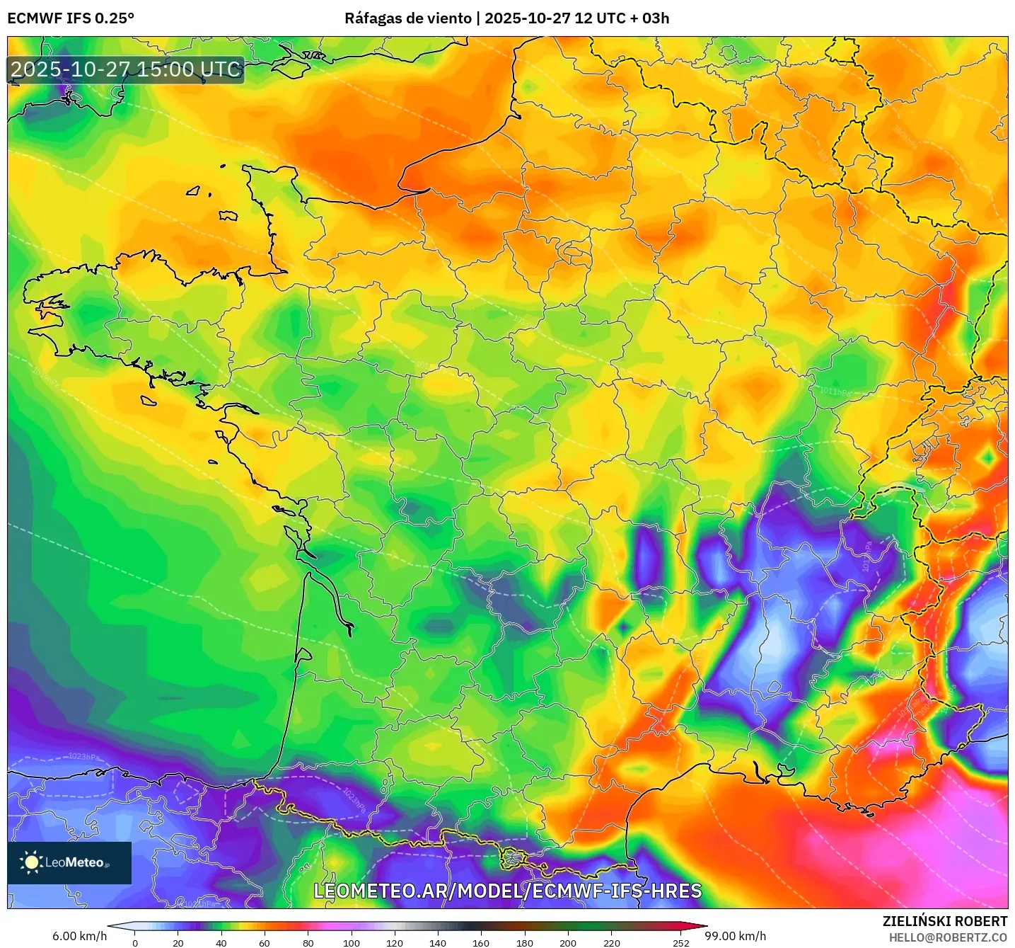 ECMWF IFS 0.25° model - Francia, Ráfagas de viento ECMWF IFS 0.25° model - Francia, Ráfagas de viento