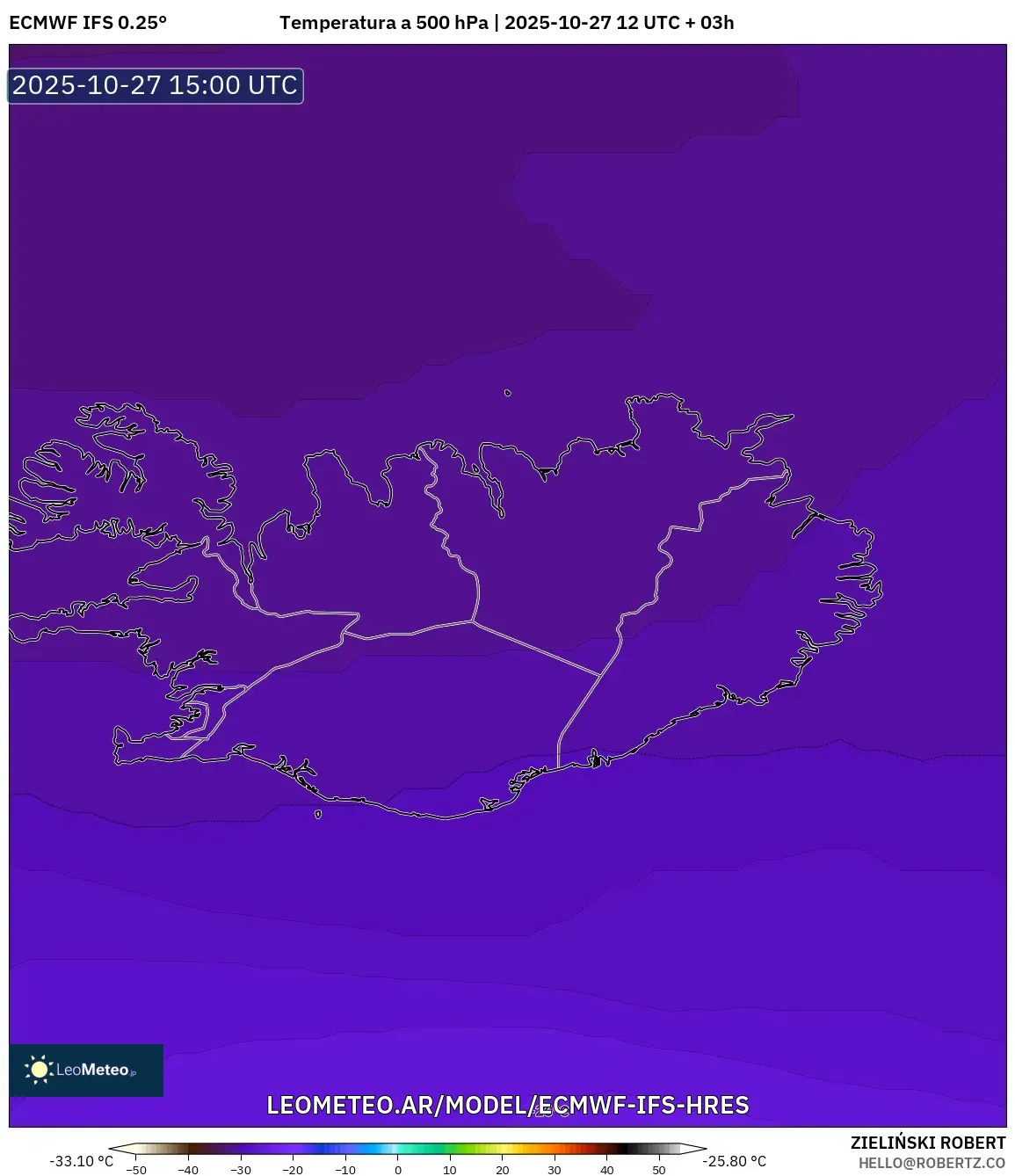 ECMWF IFS 0.25° model - Islandia, Temperatura a 500 hPa ECMWF IFS 0.25° model - Islandia, Temperatura a 500 hPa