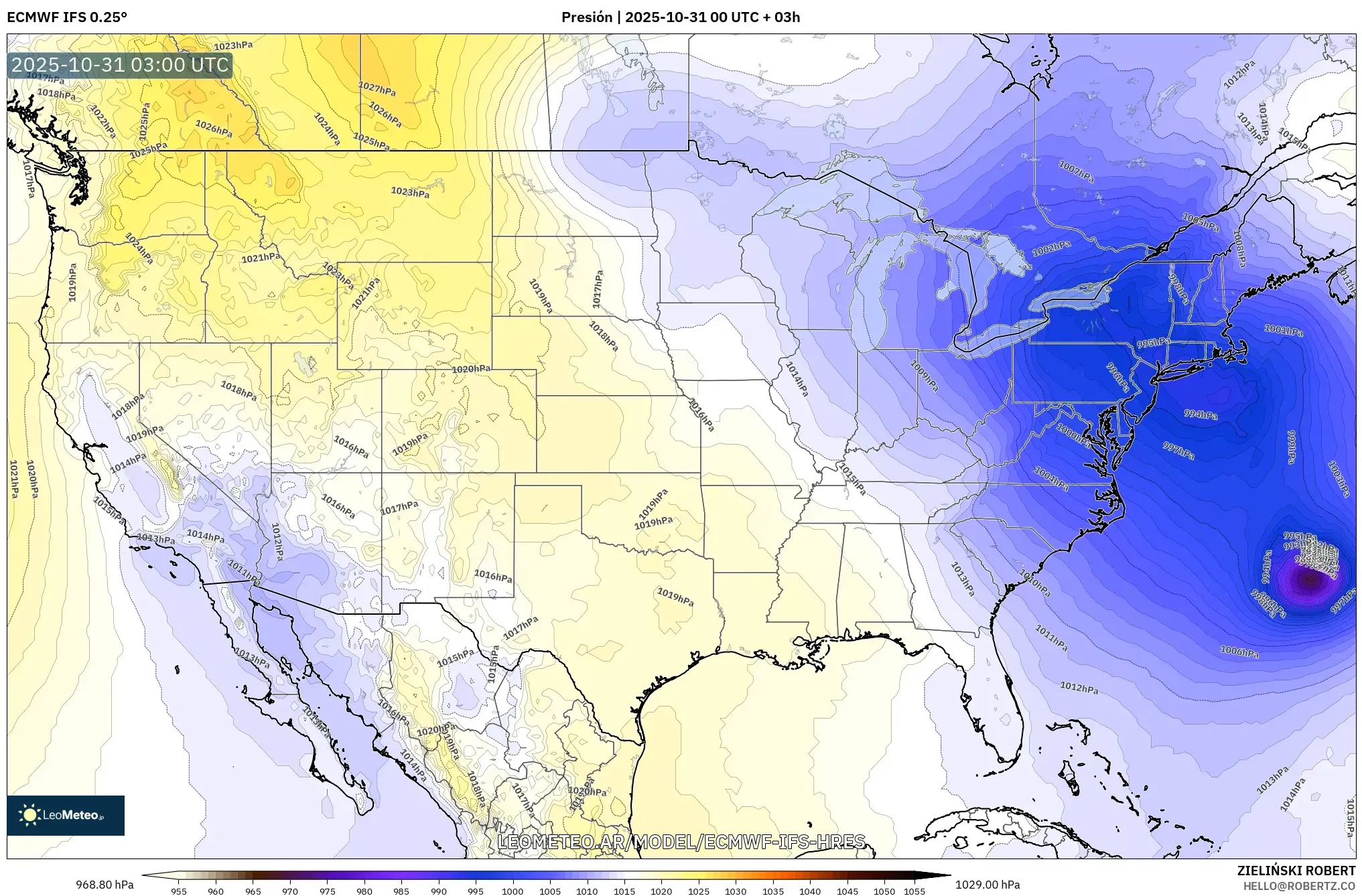 ECMWF IFS 0.25° model - Estados Unidos, Presión ECMWF IFS 0.25° model - Estados Unidos, Presión