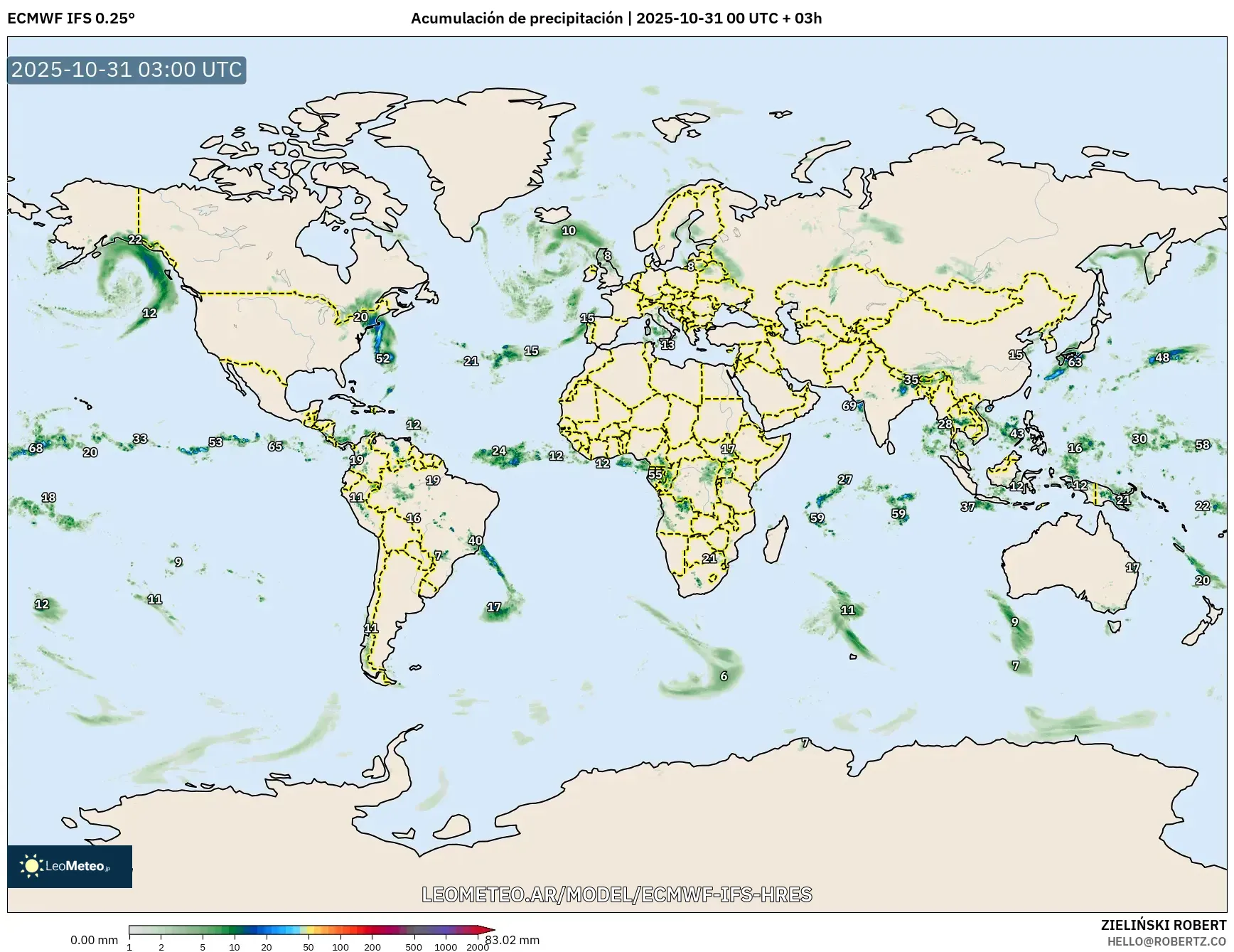 ECMWF IFS 0.25° model - Mundo, Acumulación de precipitación ECMWF IFS 0.25° model - Mundo, Acumulación de precipitación