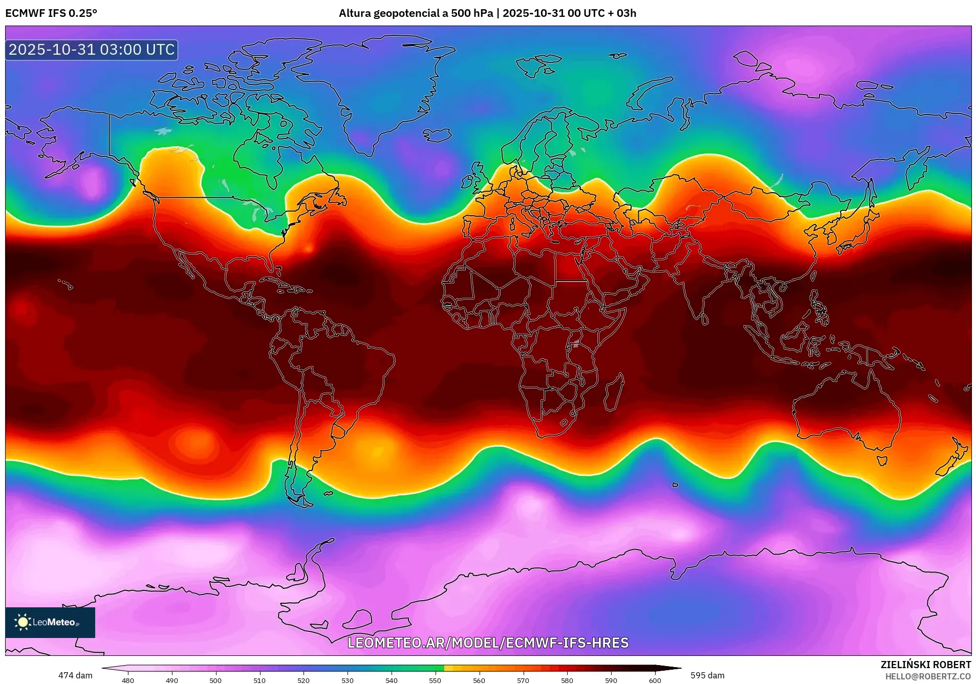 ECMWF IFS 0.25° model - Mundo, Altura geopotencial a 500 hPa ECMWF IFS 0.25° model - Mundo, Altura geopotencial a 500 hPa