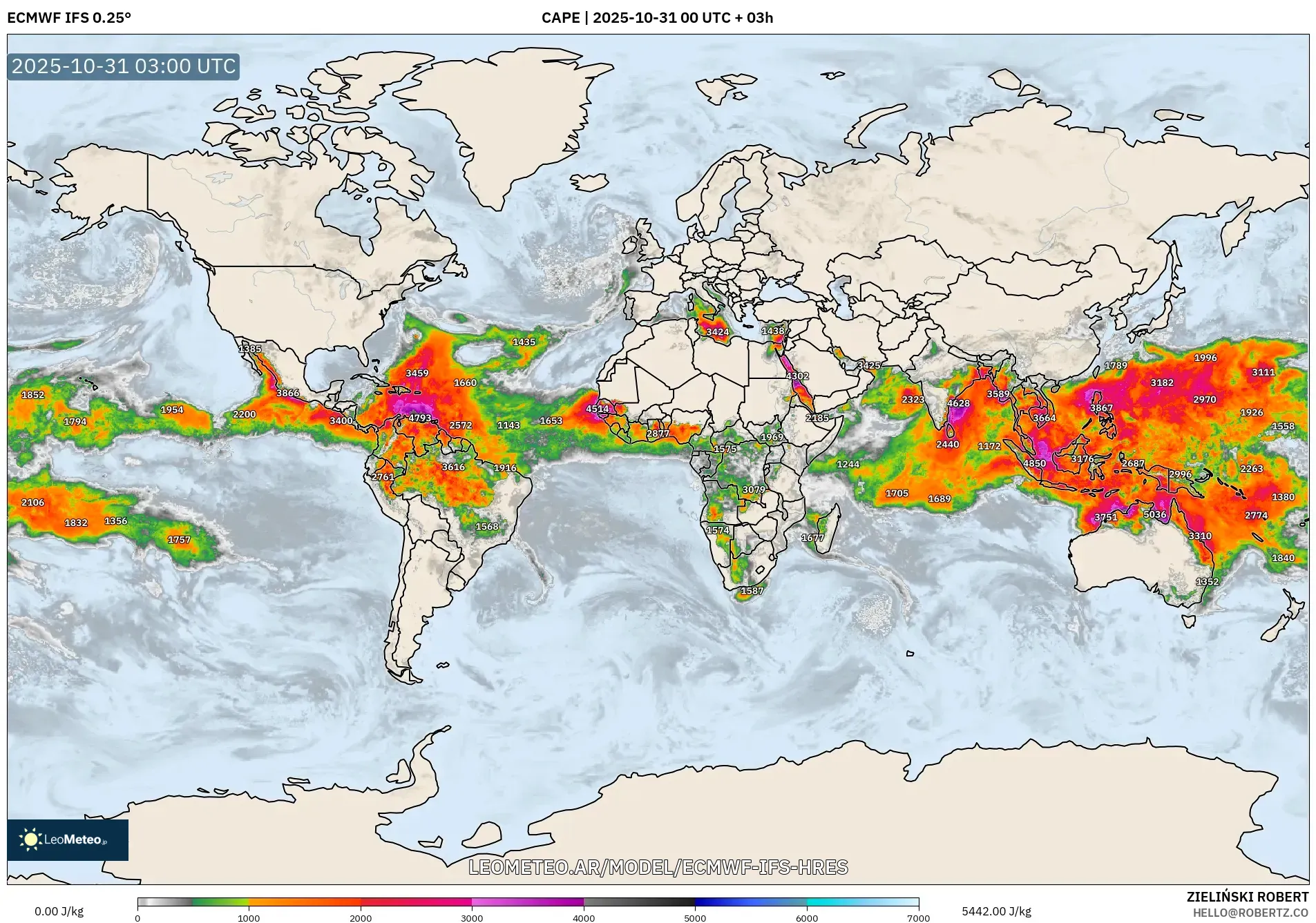 ECMWF IFS 0.25° model - Mundo, CAPE ECMWF IFS 0.25° model - Mundo, CAPE