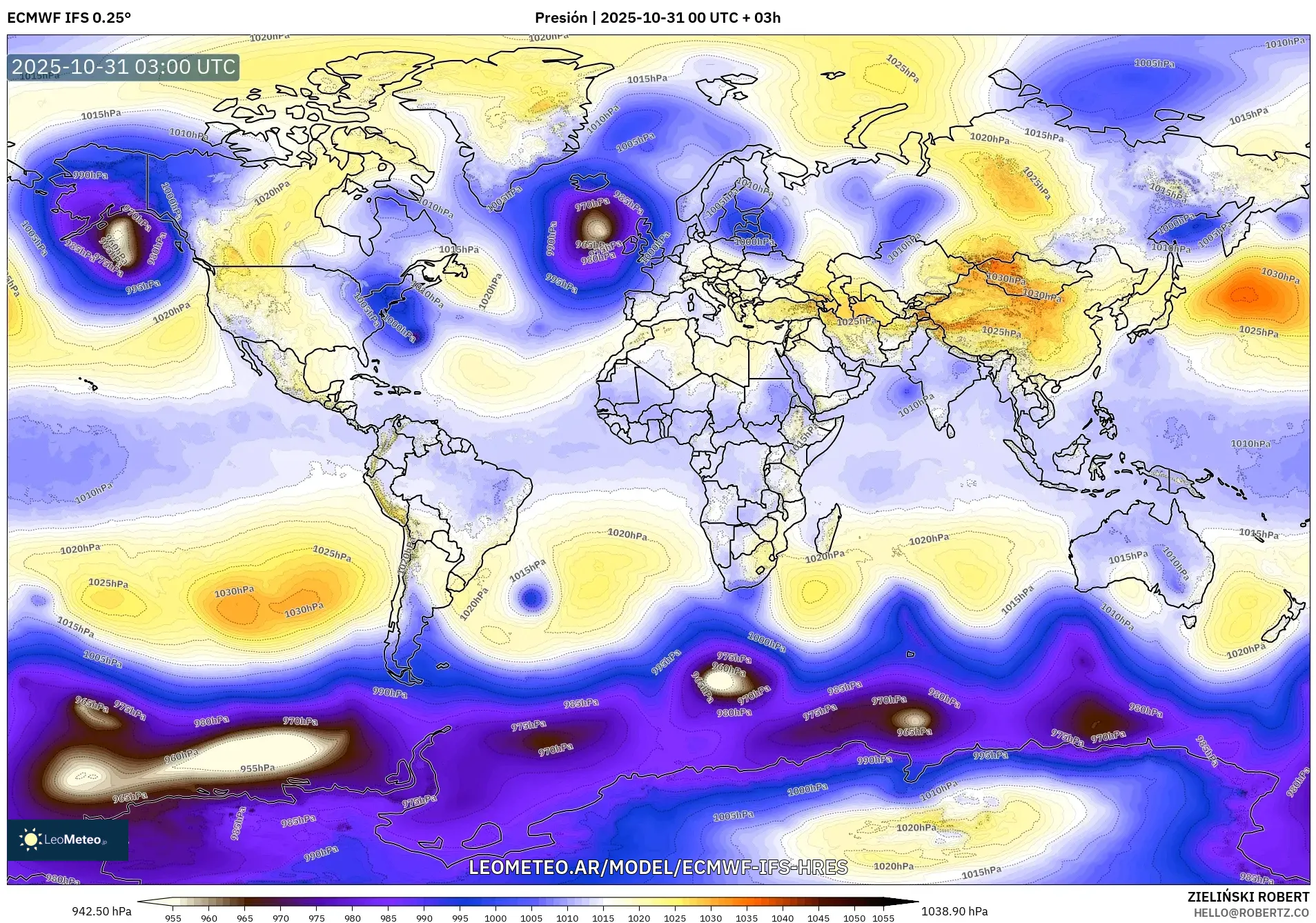 ECMWF IFS 0.25° model - Mundo, Presión ECMWF IFS 0.25° model - Mundo, Presión