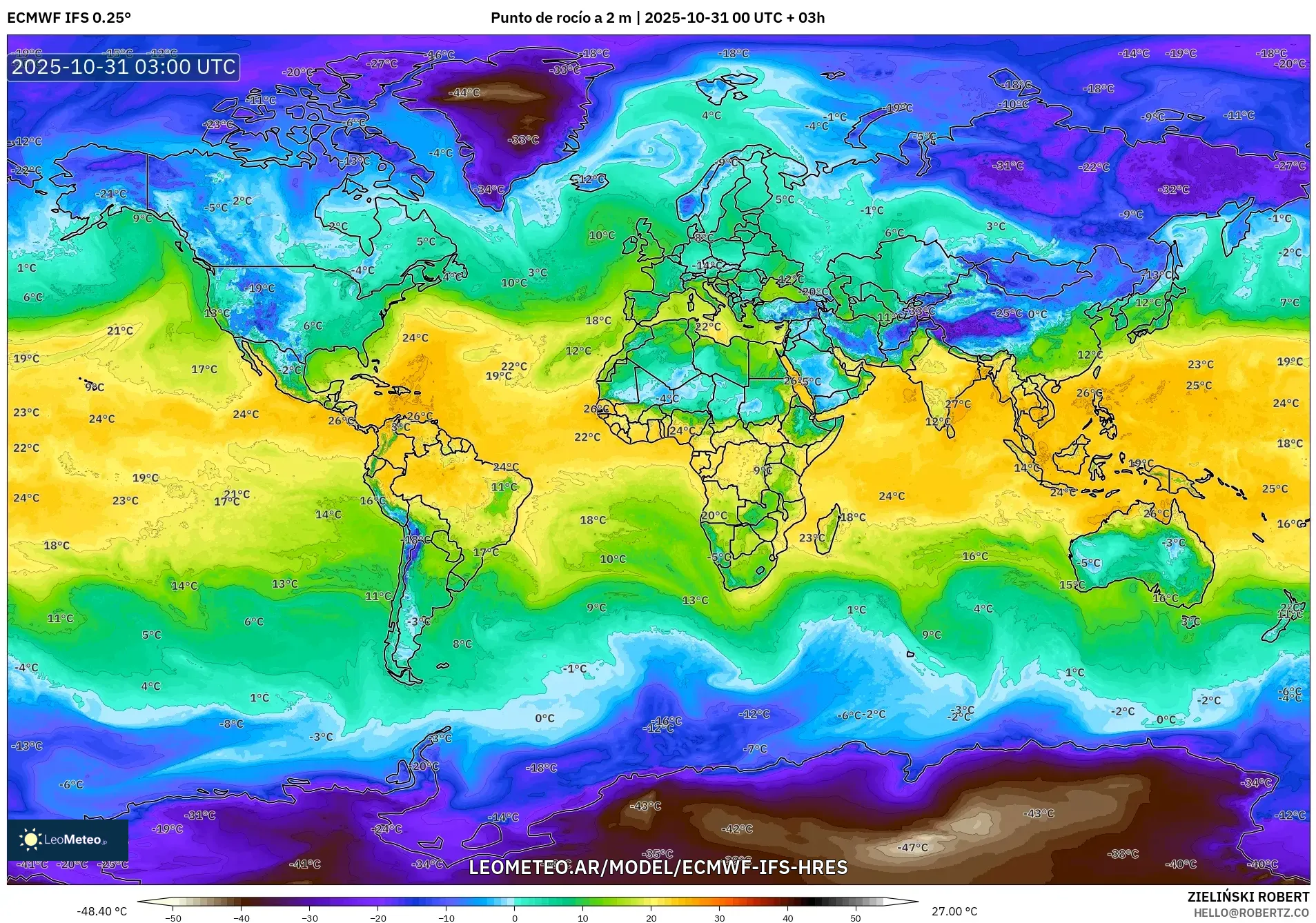 ECMWF IFS 0.25° model - Mundo, Punto de rocío a 2 m ECMWF IFS 0.25° model - Mundo, Punto de rocío a 2 m