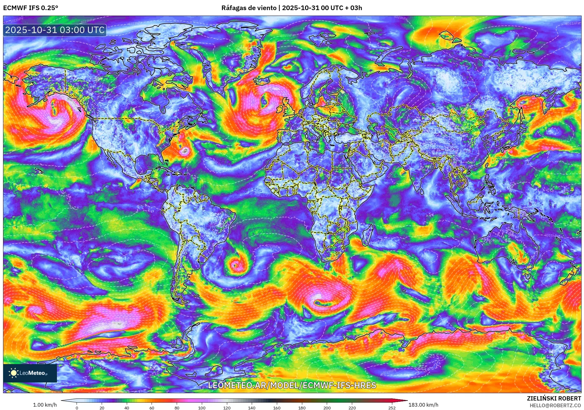 ECMWF IFS 0.25° model - Mundo, Ráfagas de viento ECMWF IFS 0.25° model - Mundo, Ráfagas de viento