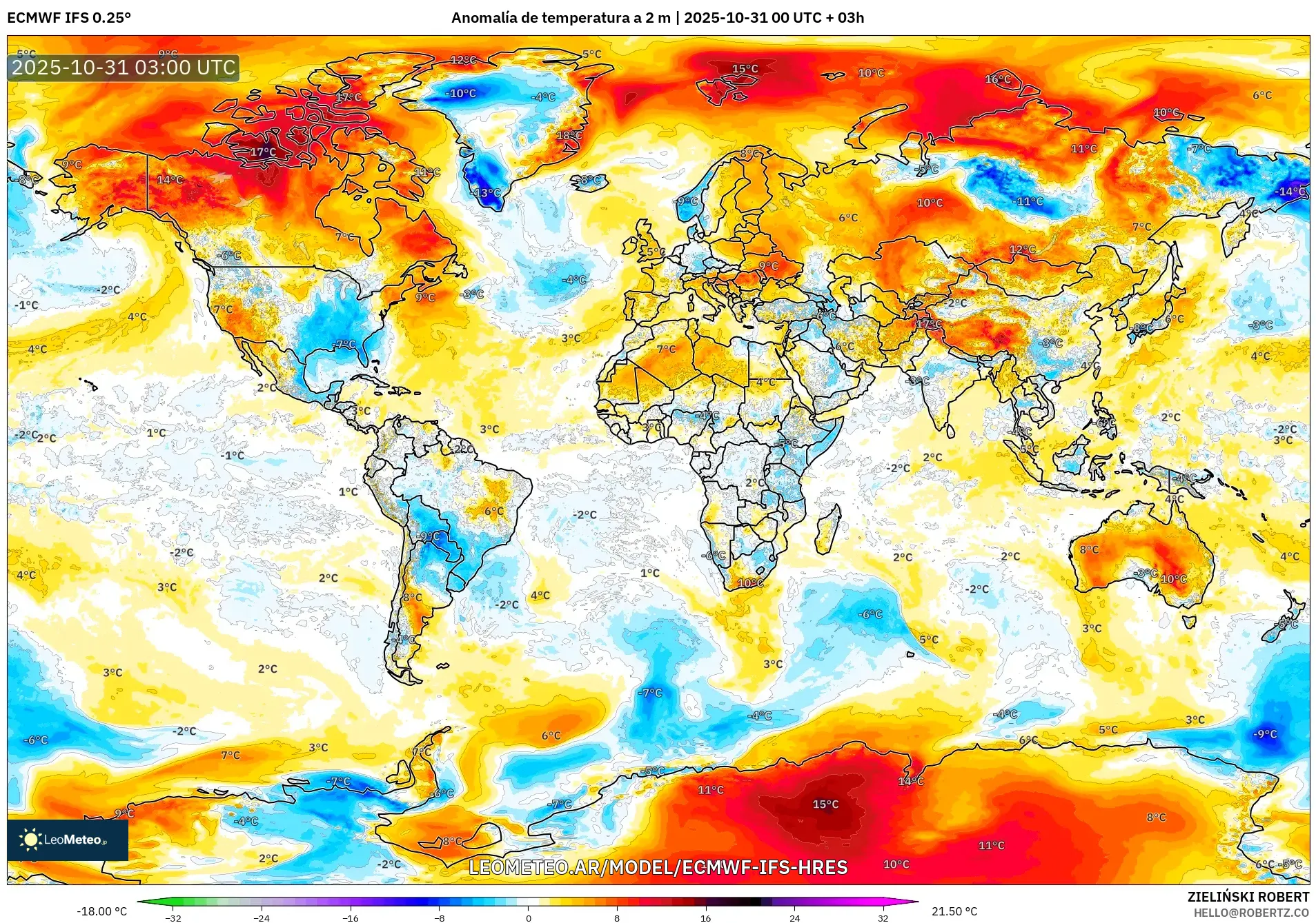 ECMWF IFS 0.25° model - Mundo, Anomalía de temperatura a 2 m ECMWF IFS 0.25° model - Mundo, Anomalía de temperatura a 2 m