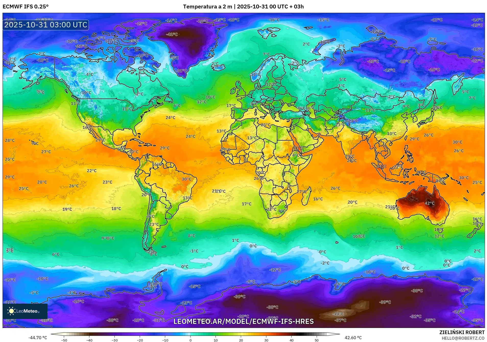 ECMWF IFS 0.25° model - Mundo, Temperatura a 2 m ECMWF IFS 0.25° model - Mundo, Temperatura a 2 m