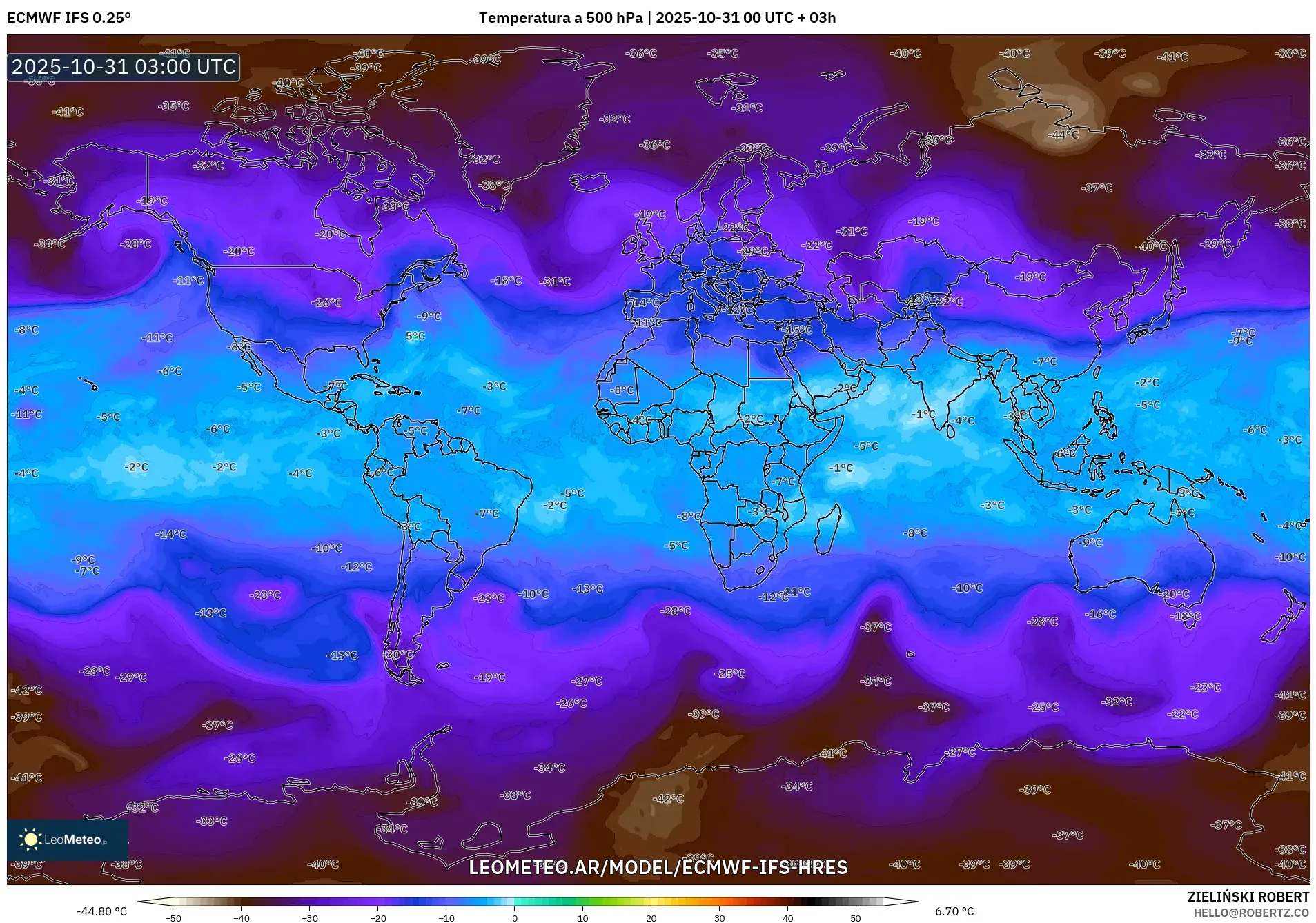 ECMWF IFS 0.25° model - Mundo, Temperatura a 500 hPa ECMWF IFS 0.25° model - Mundo, Temperatura a 500 hPa
