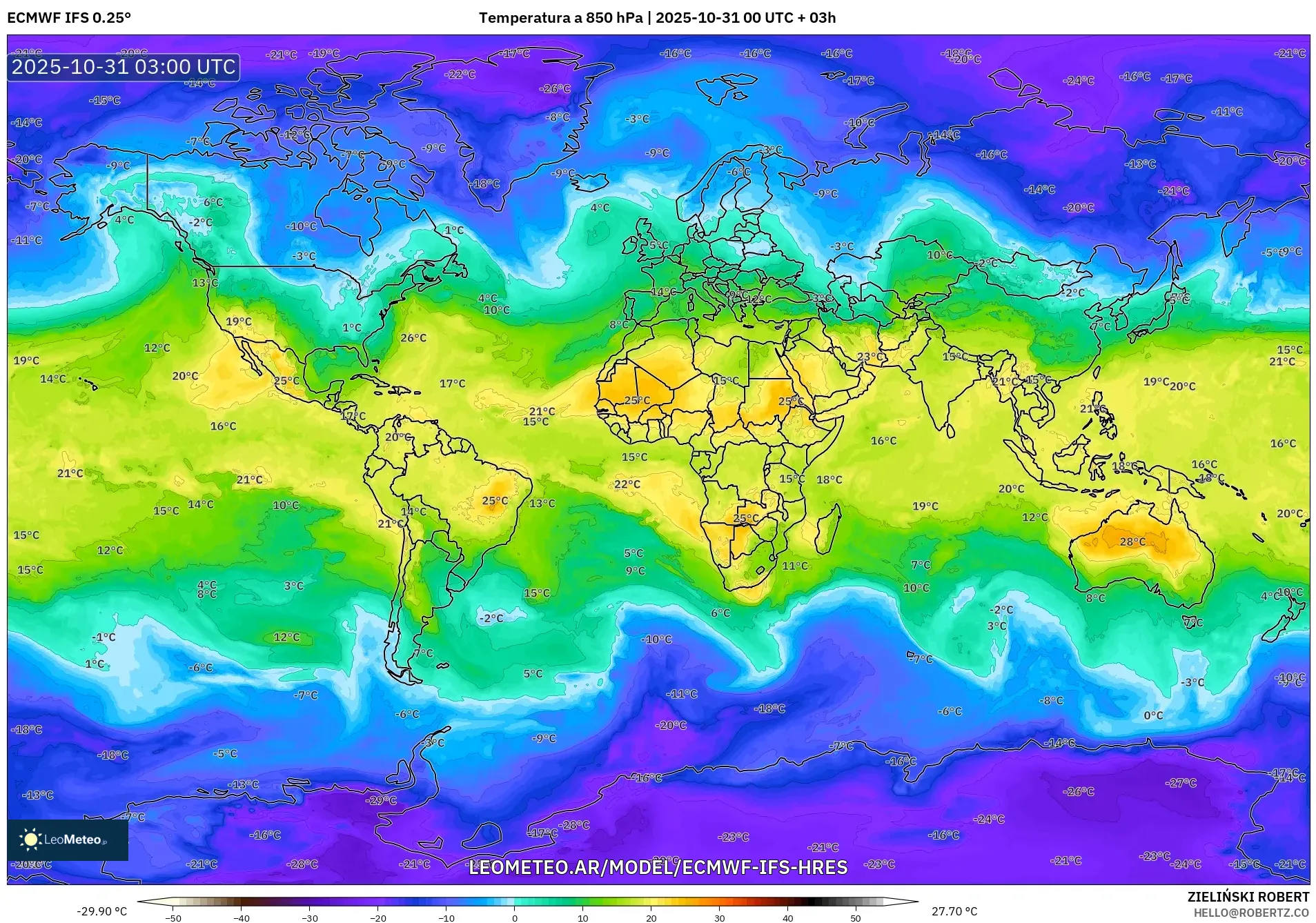 ECMWF IFS 0.25° model - Mundo, Temperatura a 850 hPa ECMWF IFS 0.25° model - Mundo, Temperatura a 850 hPa