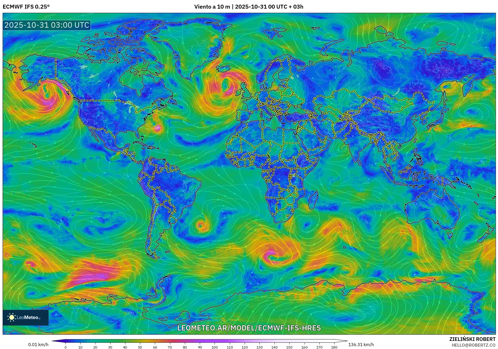 ECMWF IFS 0.25° model - Mundo, Viento a 10 m ECMWF IFS 0.25° model - Mundo, Viento a 10 m