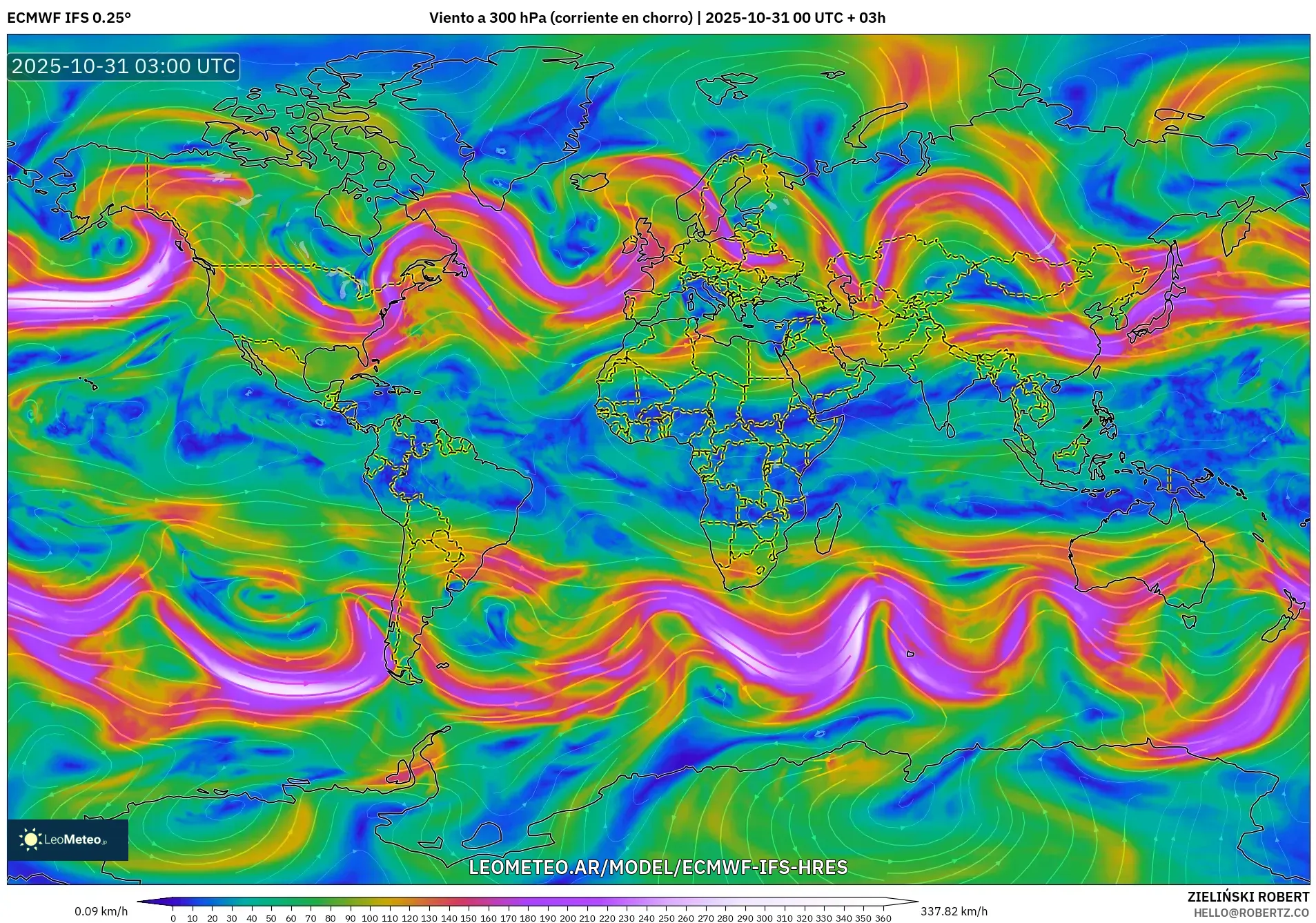 ECMWF IFS 0.25° model - Mundo, Viento a 300 hPa (corriente en chorro) ECMWF IFS 0.25° model - Mundo, Viento a 300 hPa (corriente en chorro)