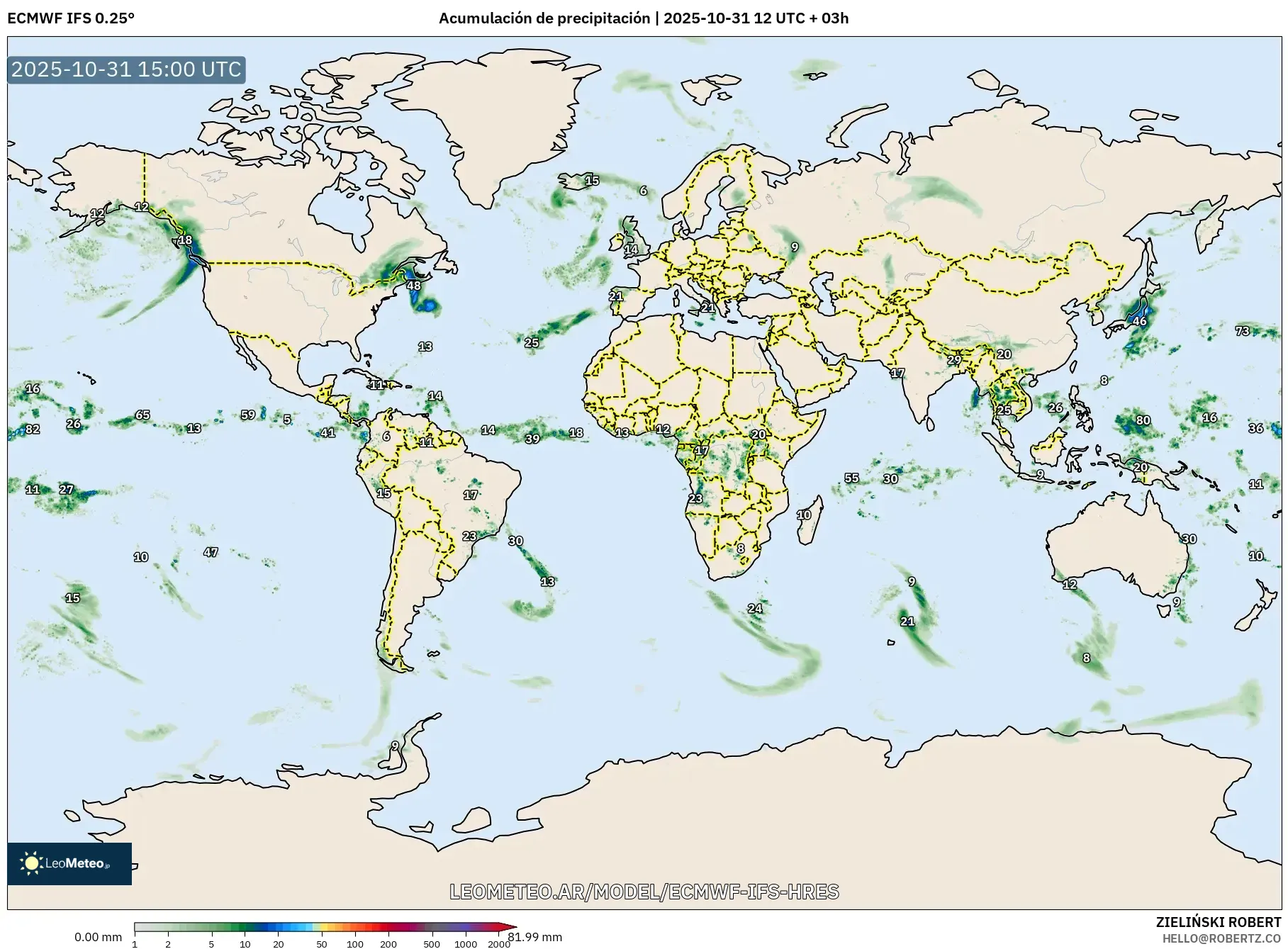 ECMWF IFS 0.25° model - Mundo, Acumulación de precipitación ECMWF IFS 0.25° model - Mundo, Acumulación de precipitación