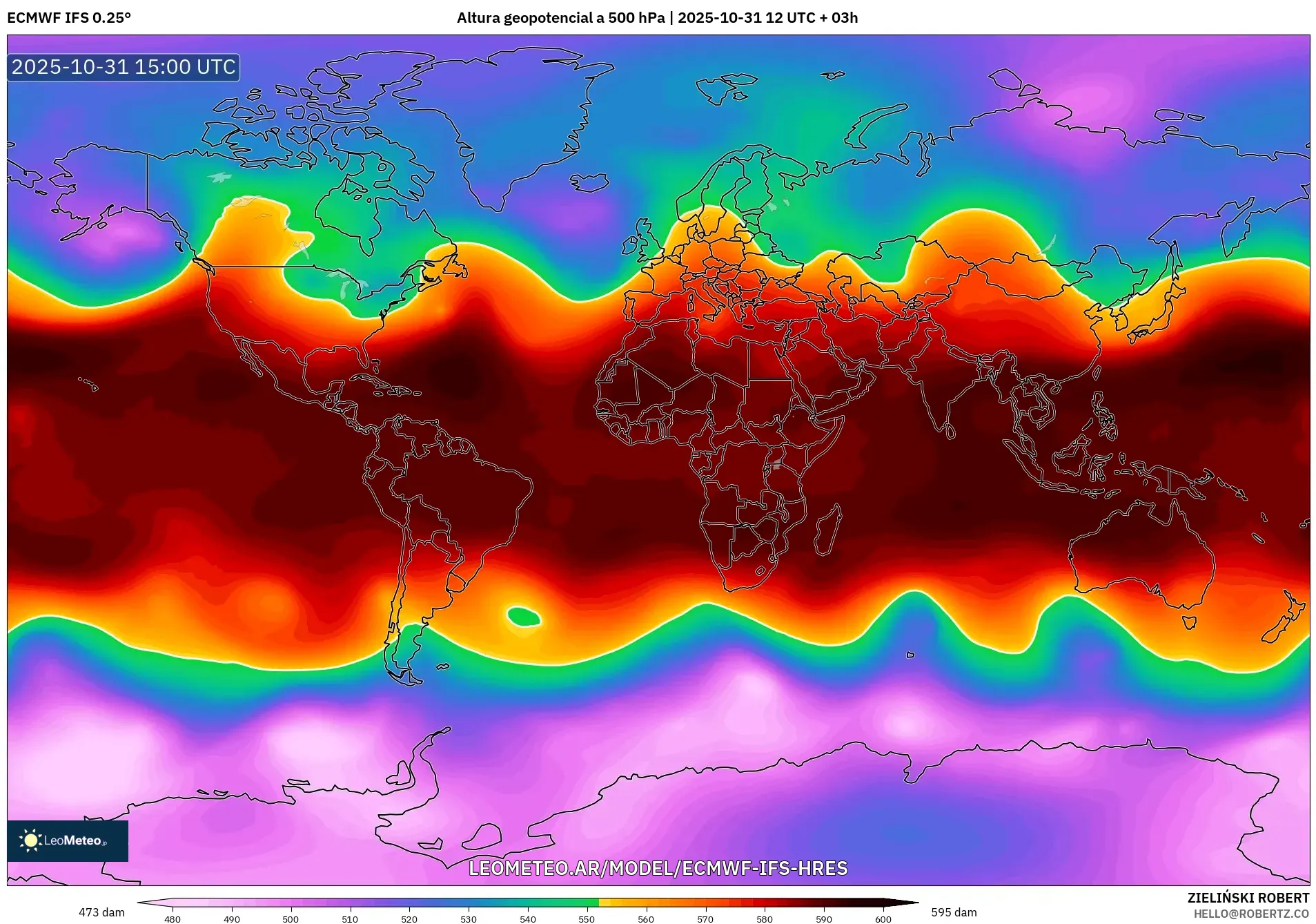 ECMWF IFS 0.25° model - Mundo, Altura geopotencial a 500 hPa ECMWF IFS 0.25° model - Mundo, Altura geopotencial a 500 hPa