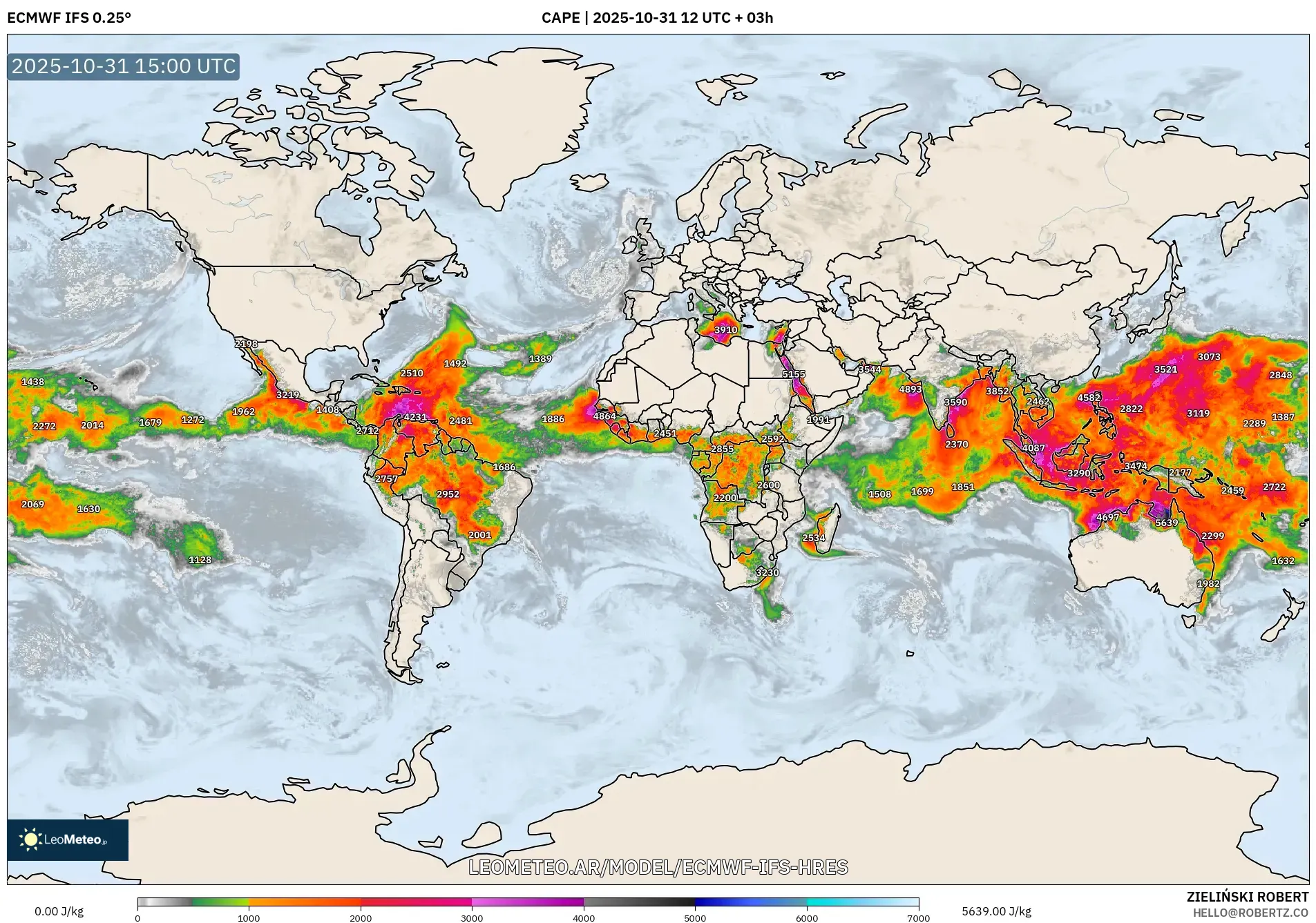 ECMWF IFS 0.25° model - Mundo, CAPE ECMWF IFS 0.25° model - Mundo, CAPE