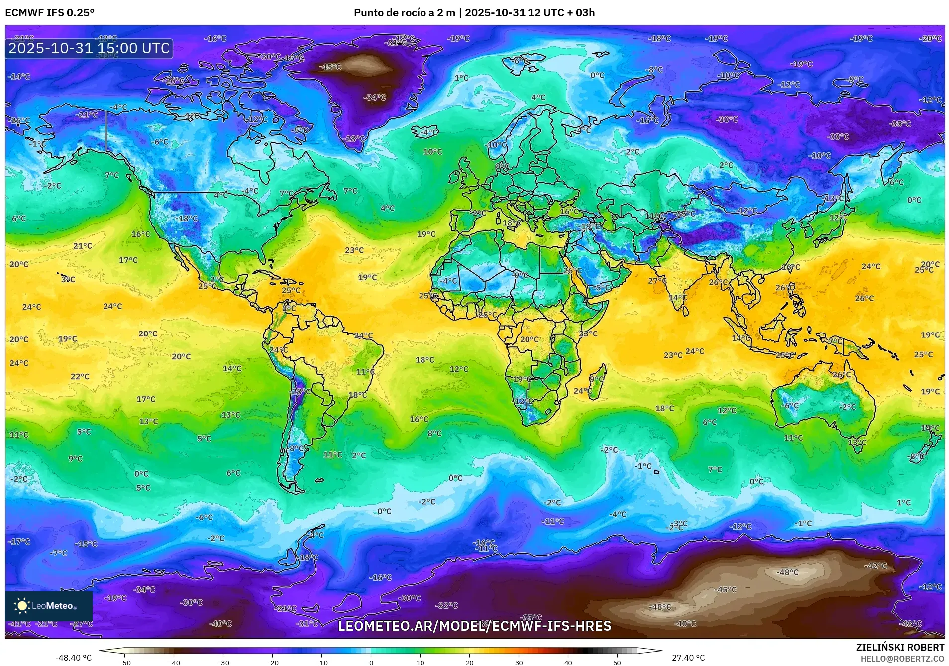 ECMWF IFS 0.25° model - Mundo, Punto de rocío a 2 m ECMWF IFS 0.25° model - Mundo, Punto de rocío a 2 m