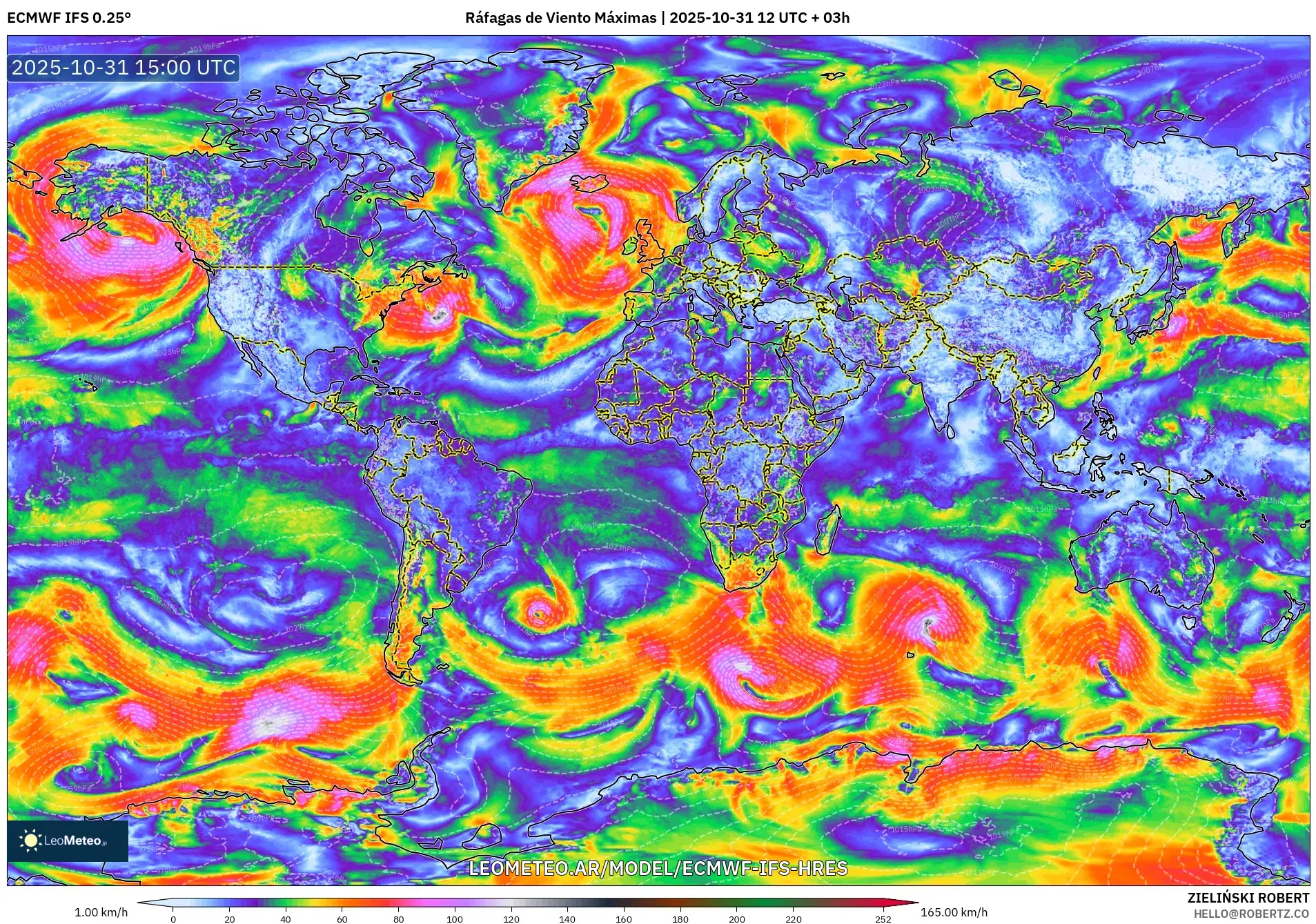 ECMWF IFS 0.25° model - Mundo, Ráfagas de Viento Máximas