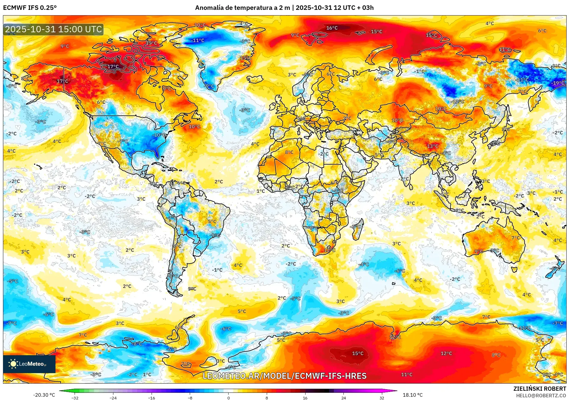 ECMWF IFS 0.25° model - Mundo, Anomalía de temperatura a 2 m ECMWF IFS 0.25° model - Mundo, Anomalía de temperatura a 2 m