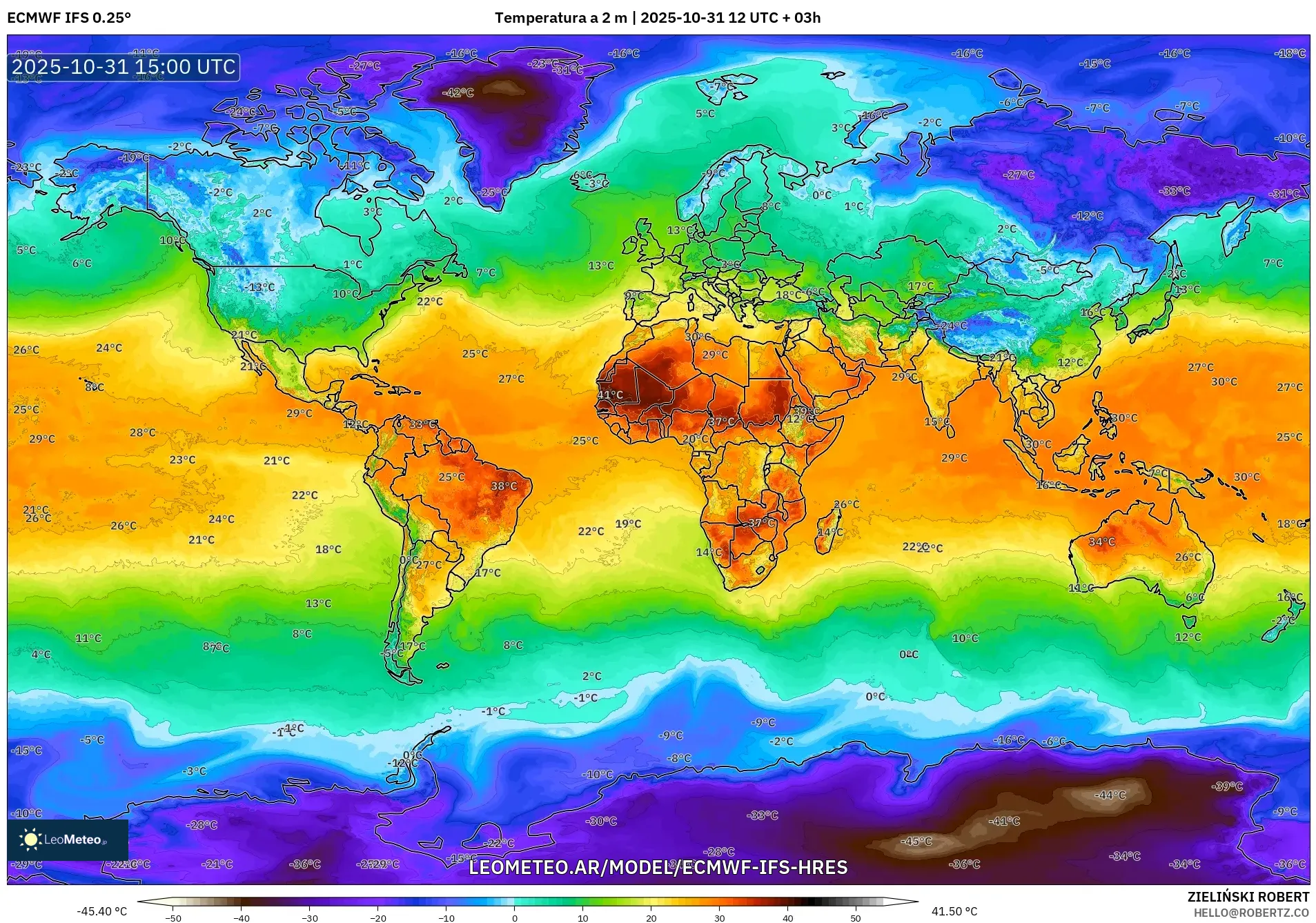 ECMWF IFS 0.25° model - Mundo, Temperatura a 2 m ECMWF IFS 0.25° model - Mundo, Temperatura a 2 m
