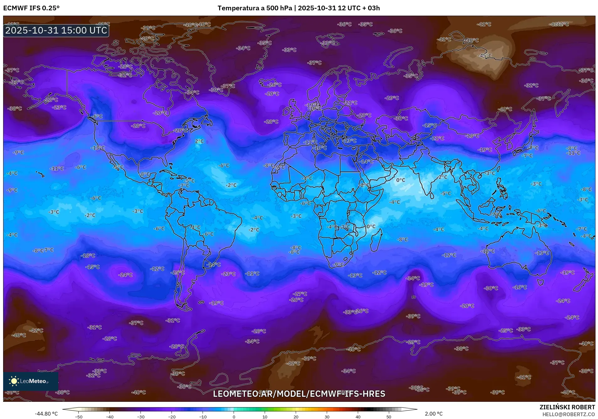 ECMWF IFS 0.25° model - Mundo, Temperatura a 500 hPa ECMWF IFS 0.25° model - Mundo, Temperatura a 500 hPa