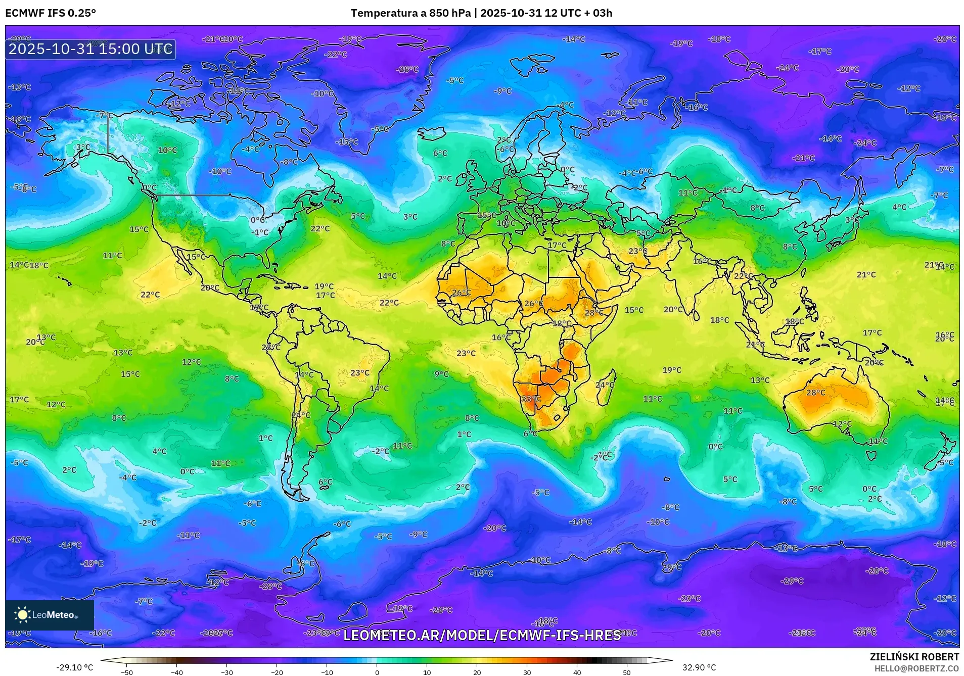 ECMWF IFS 0.25° model - Mundo, Temperatura a 850 hPa ECMWF IFS 0.25° model - Mundo, Temperatura a 850 hPa