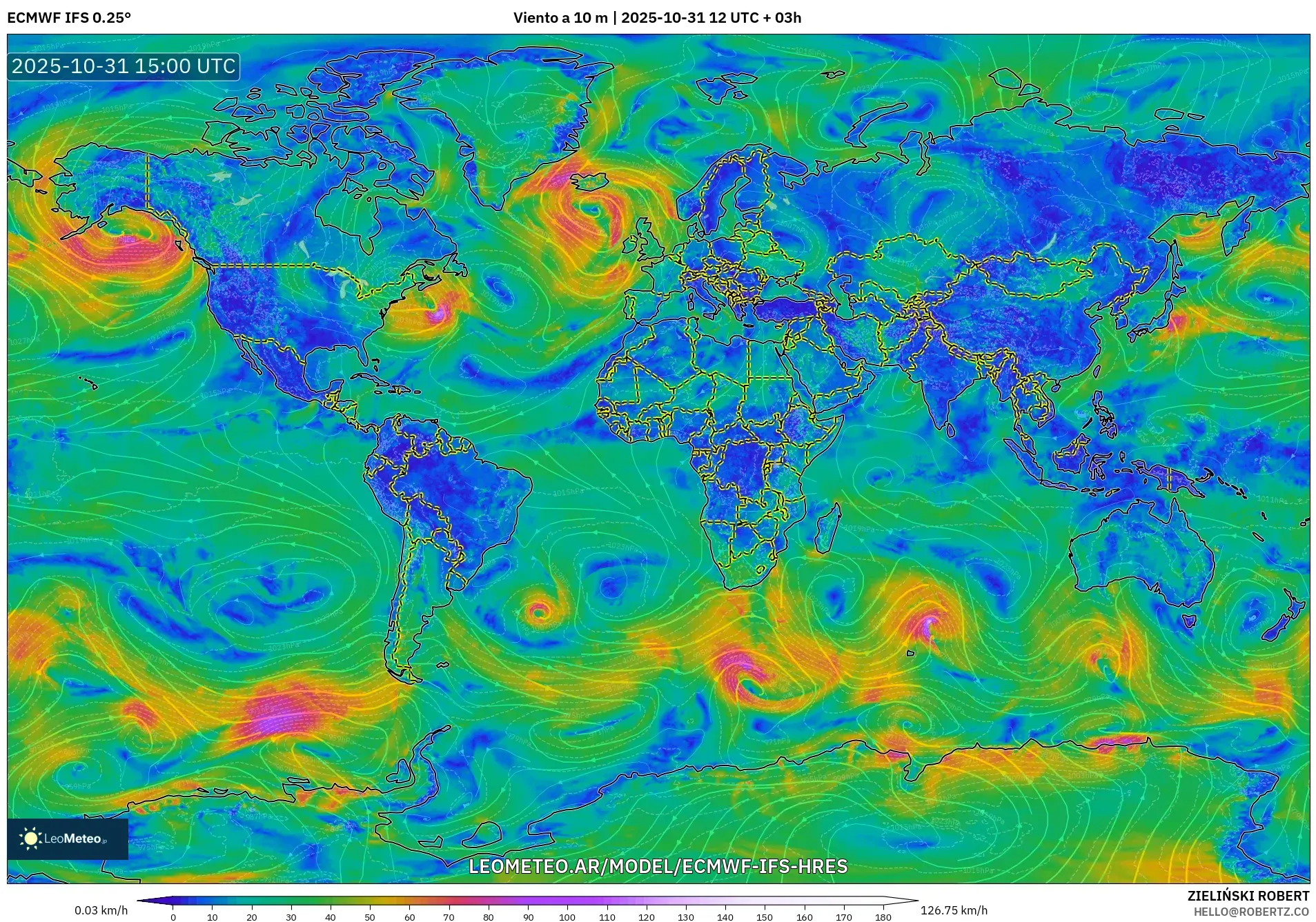 ECMWF IFS 0.25° model - Mundo, Viento a 10 m ECMWF IFS 0.25° model - Mundo, Viento a 10 m