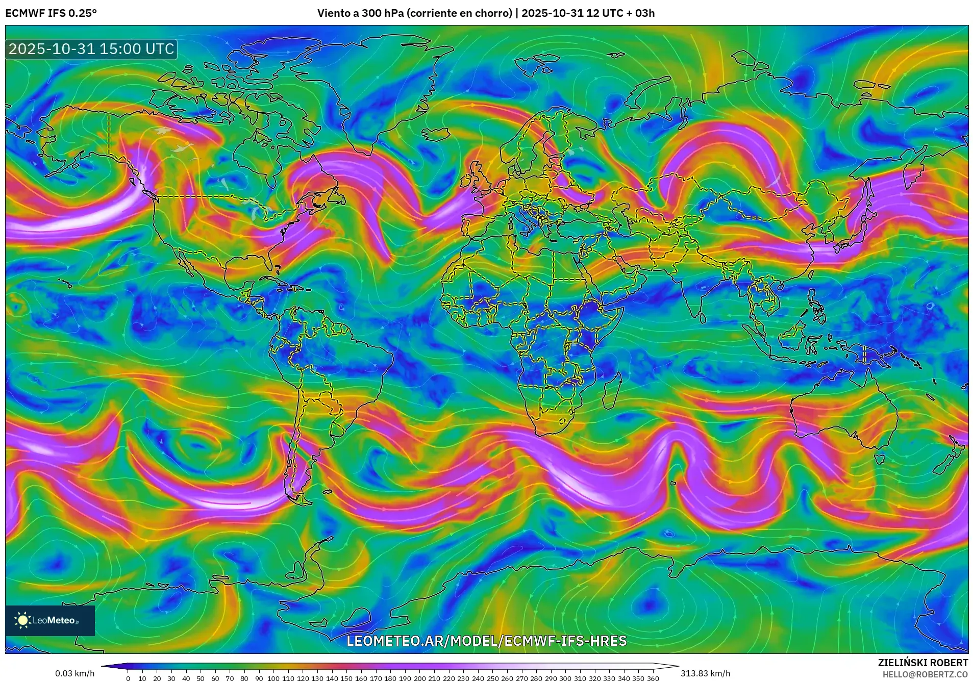 ECMWF IFS 0.25° model - Mundo, Viento a 300 hPa (corriente en chorro) ECMWF IFS 0.25° model - Mundo, Viento a 300 hPa (corriente en chorro)
