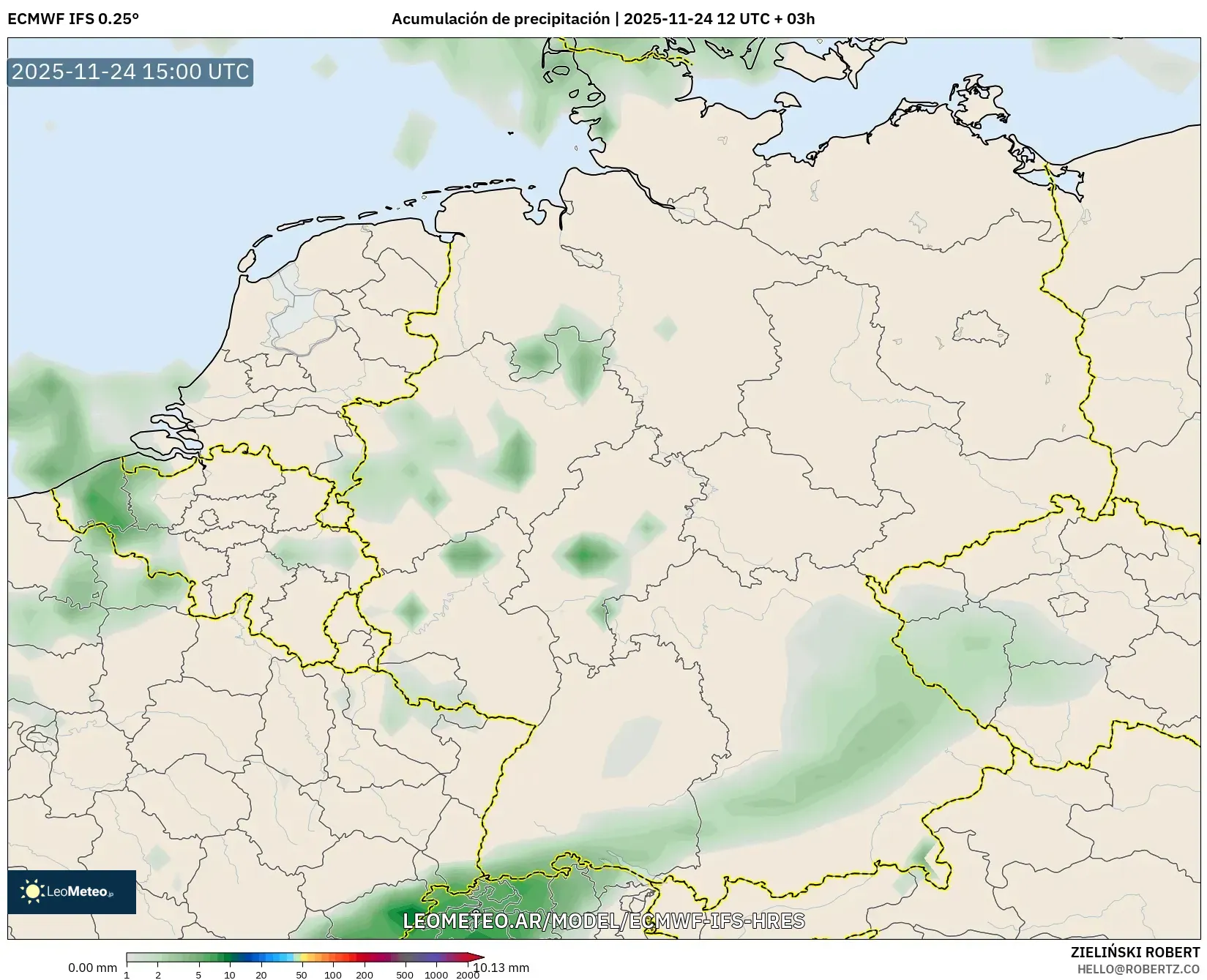 ECMWF IFS 0.25° model - Alemania, Acumulación de precipitación