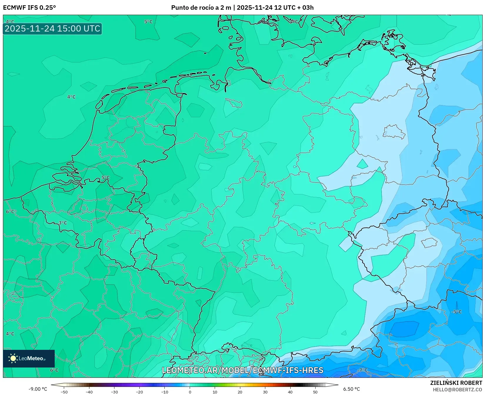 ECMWF IFS 0.25° model - Alemania, Punto de rocío a 2 m