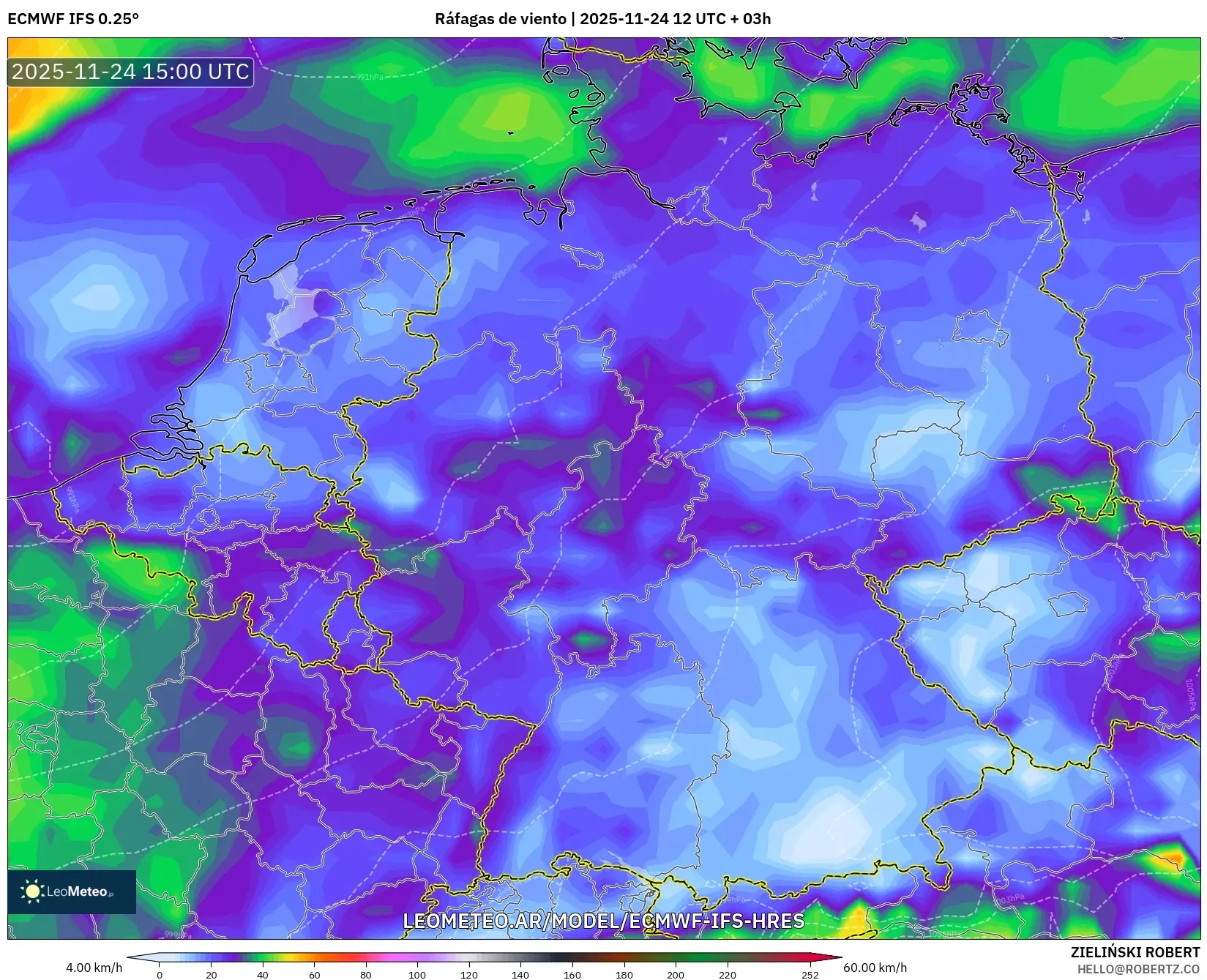 ECMWF IFS 0.25° model - Alemania, Ráfagas de viento