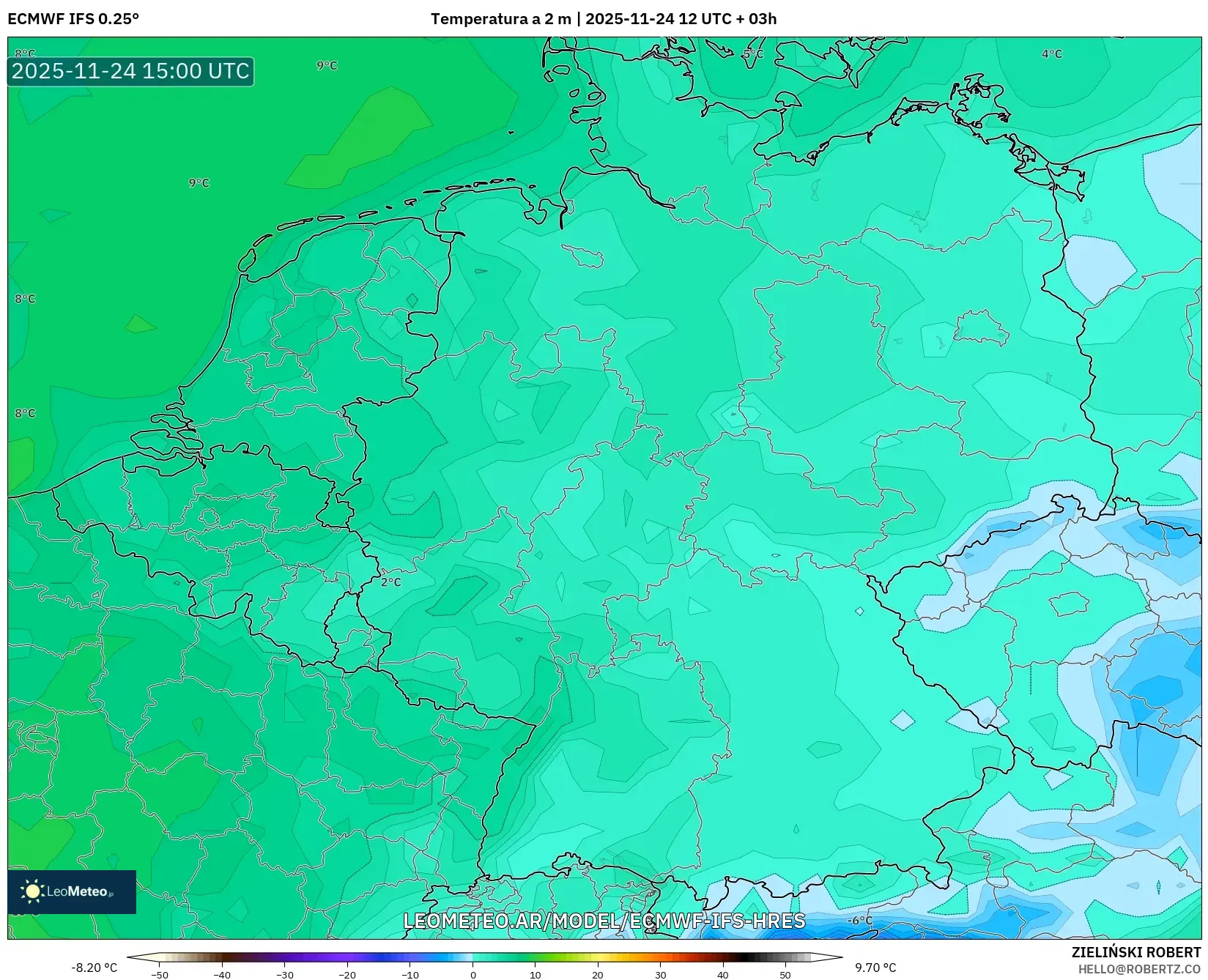 ECMWF IFS 0.25° model - Alemania, Temperatura a 2 m