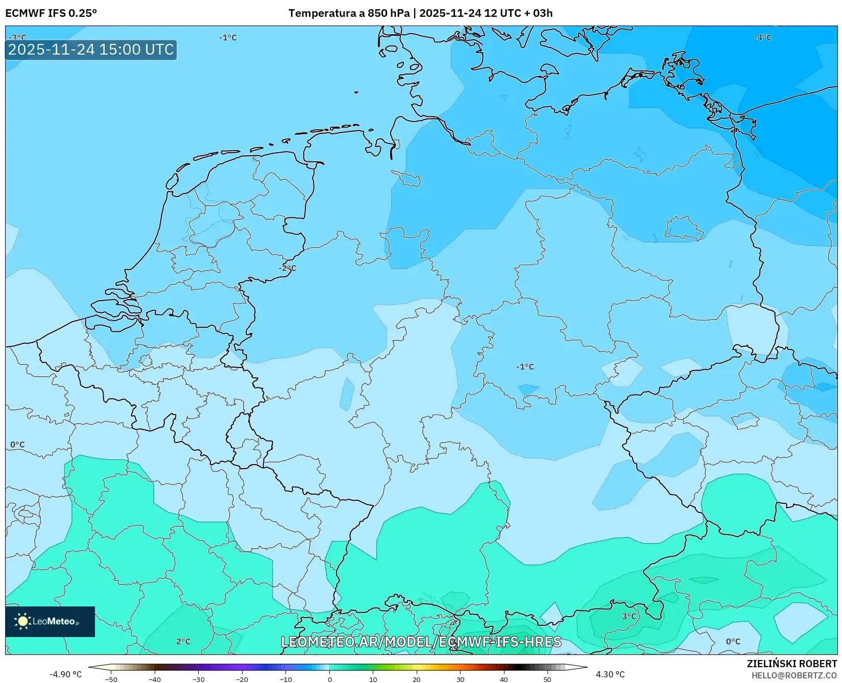 ECMWF IFS 0.25° model - Alemania, Temperatura a 850 hPa