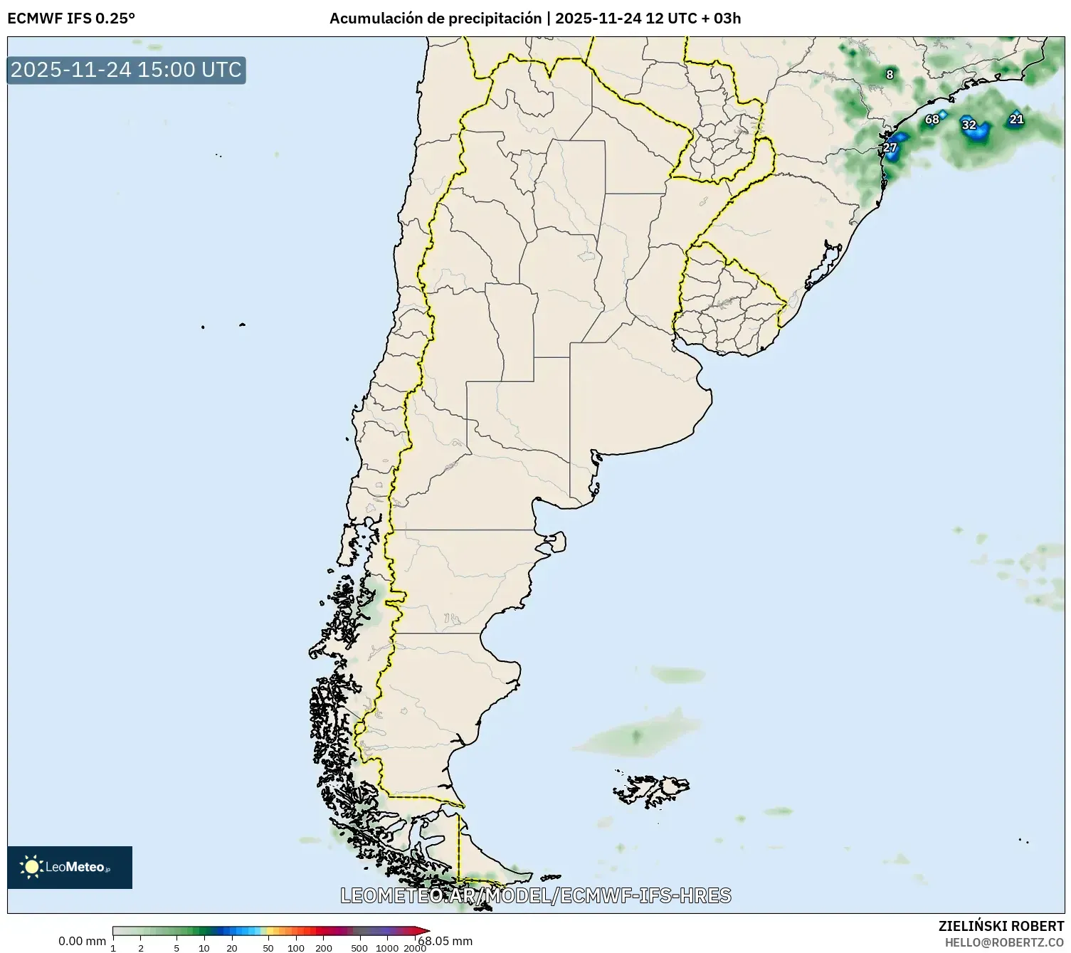 ECMWF IFS 0.25° model - Argentina, Acumulación de precipitación