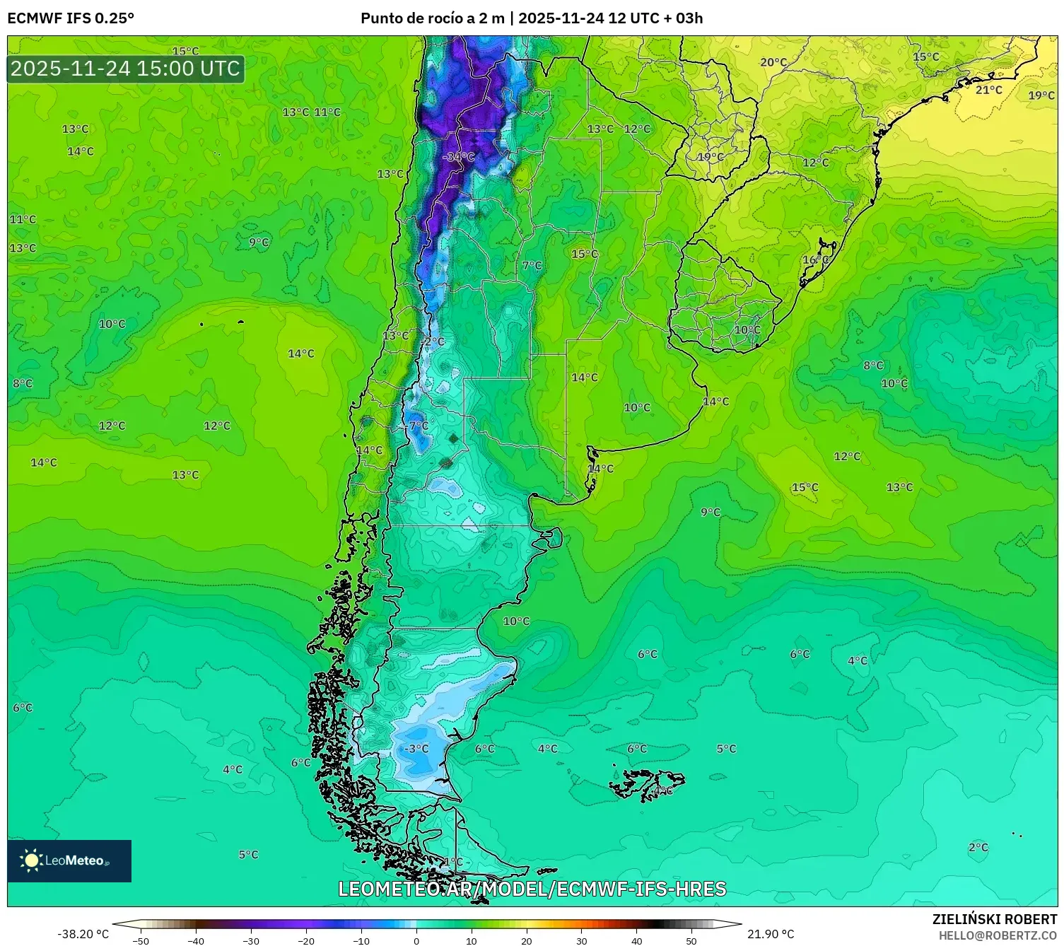 ECMWF IFS 0.25° model - Argentina, Punto de rocío a 2 m