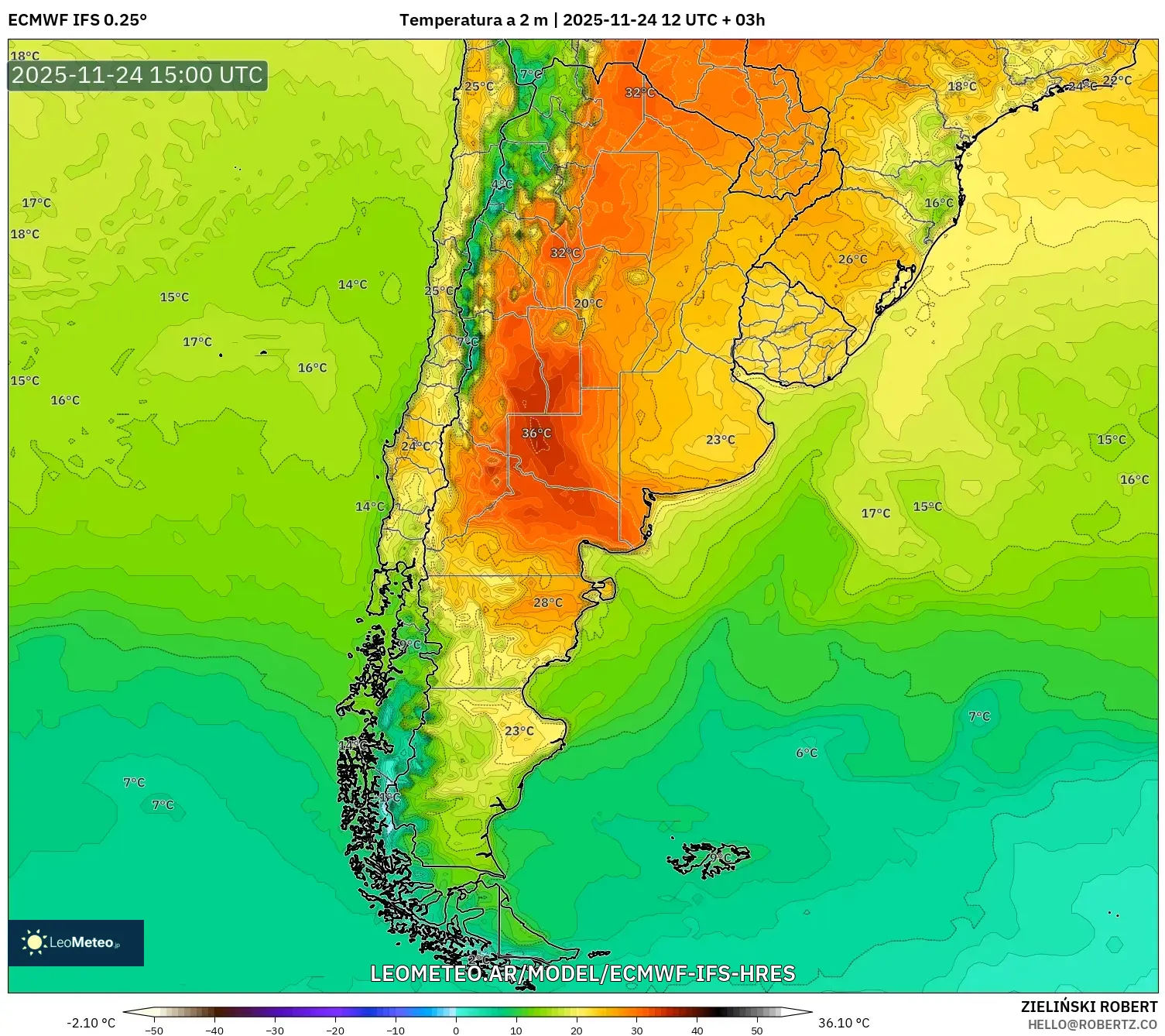 ECMWF IFS 0.25° model - Argentina, Temperatura a 2 m