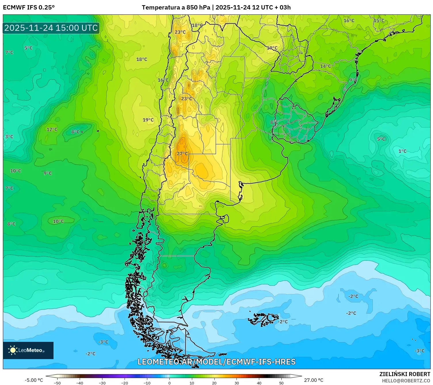 ECMWF IFS 0.25° model - Argentina, Temperatura a 850 hPa