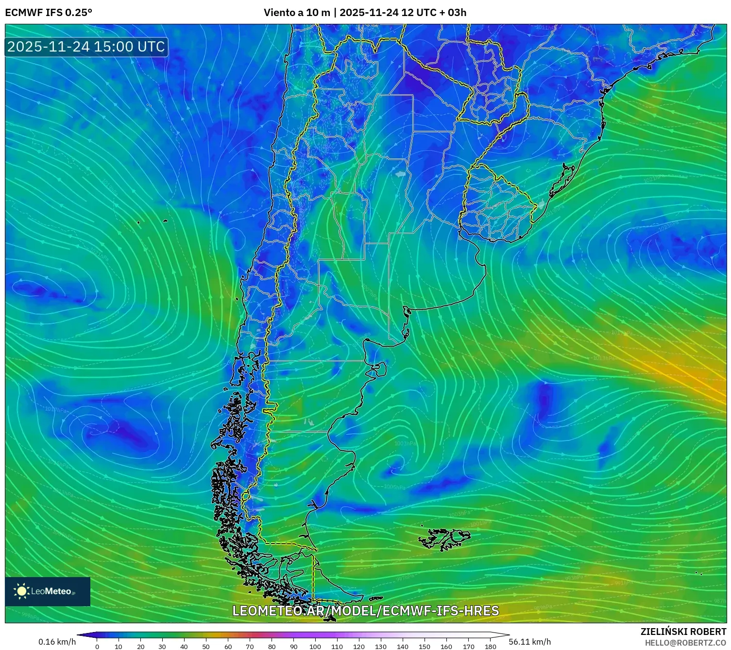 ECMWF IFS 0.25° model - Argentina, Viento a 10 m