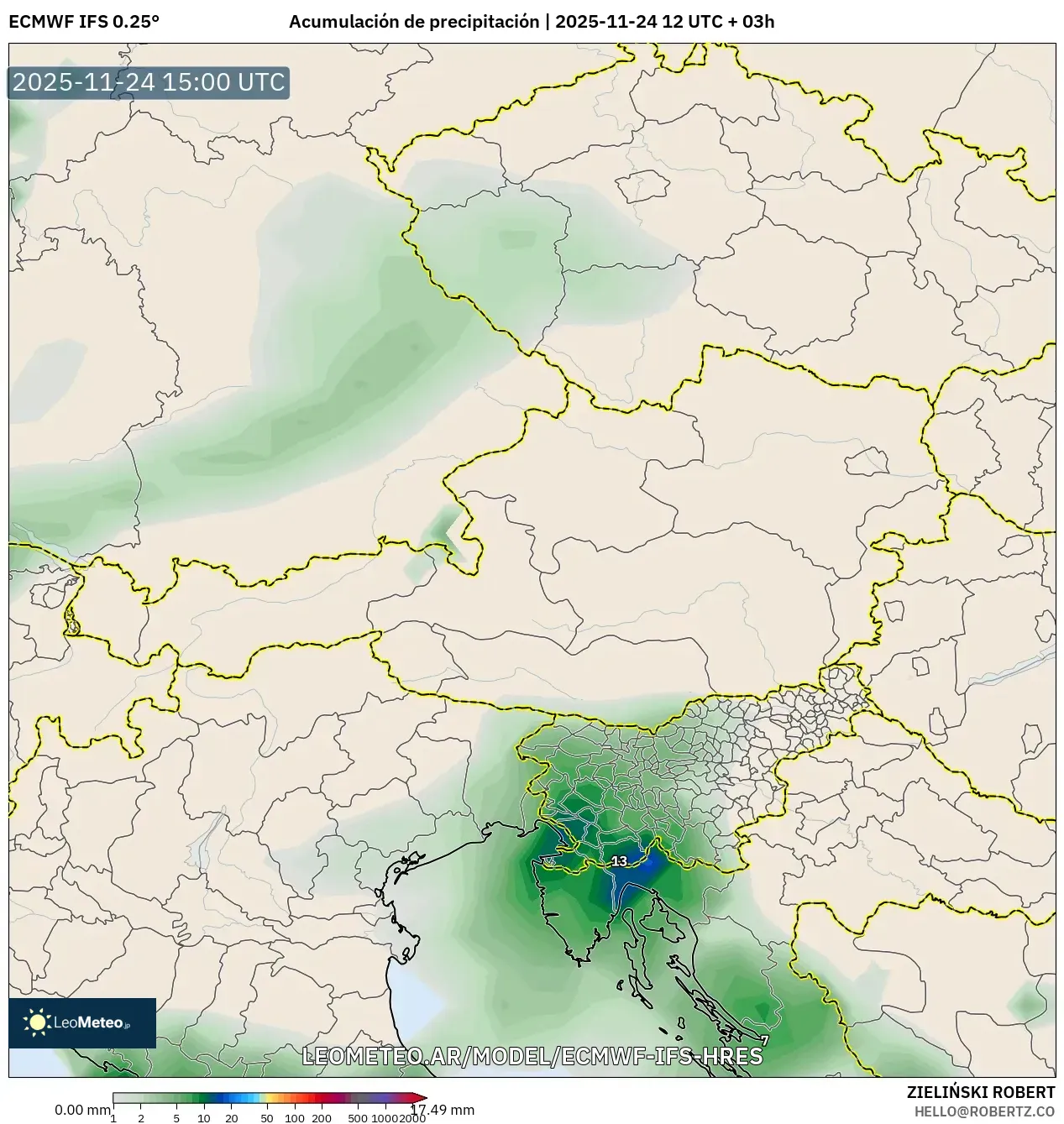 ECMWF IFS 0.25° model - Austria, Acumulación de precipitación