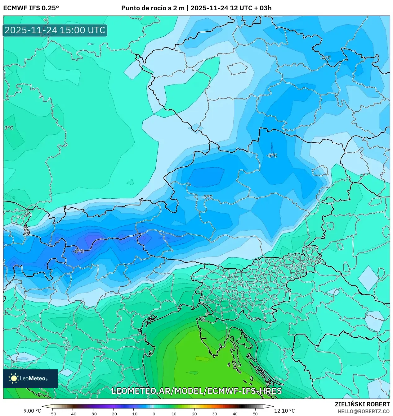 ECMWF IFS 0.25° model - Austria, Punto de rocío a 2 m