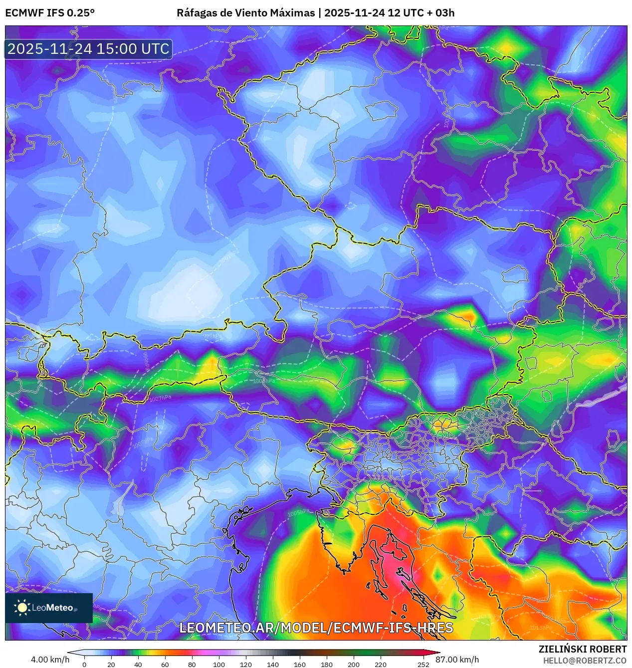 ECMWF IFS 0.25° model - Austria, Ráfagas de Viento Máximas